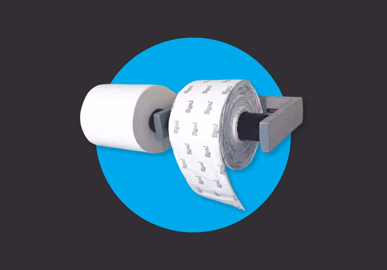 Two toilet paper rolls mounted on a dual spindle holder against a blue circle background