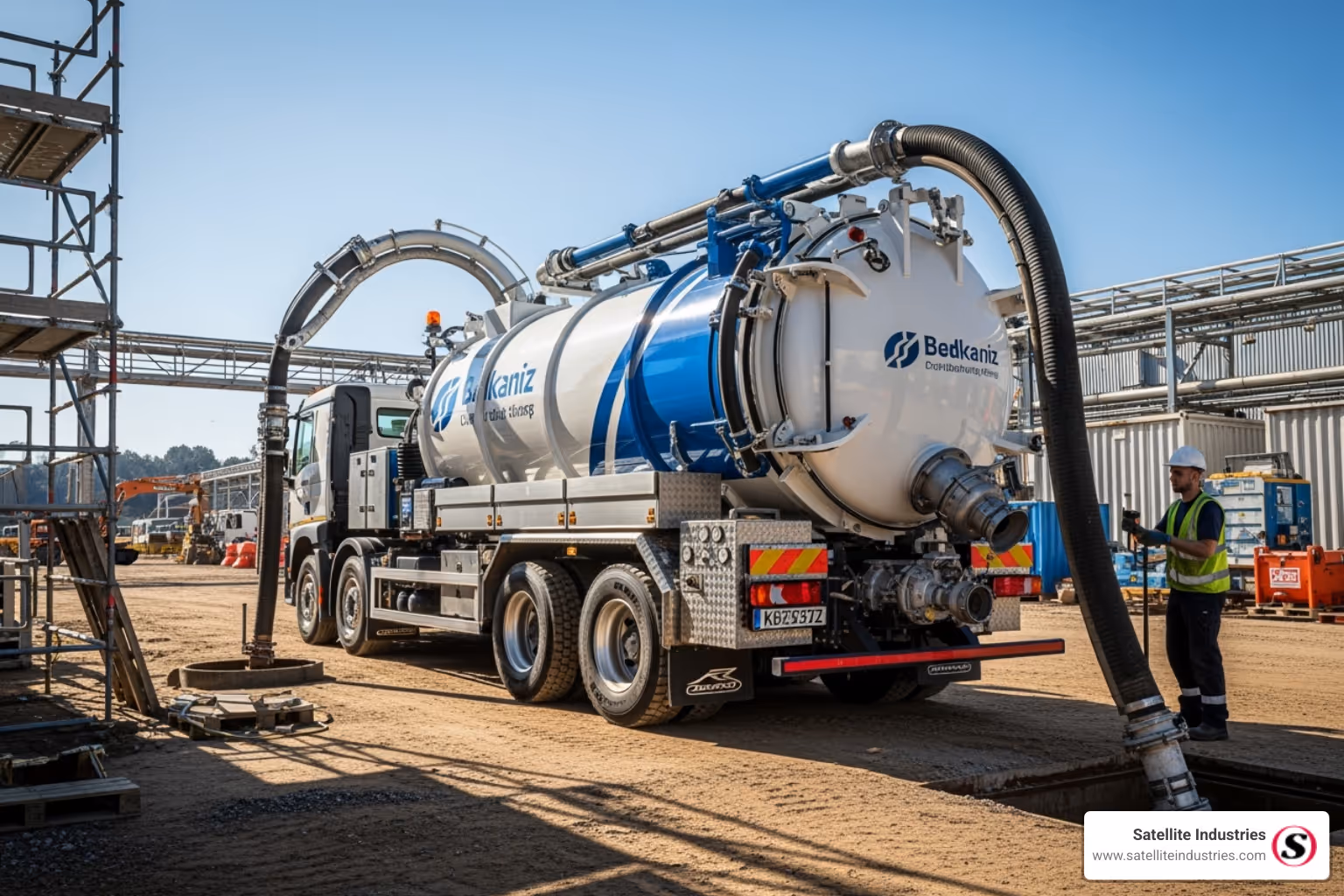 Vacuum truck with large hoses operated by worker in safety vest and helmet at industrial site