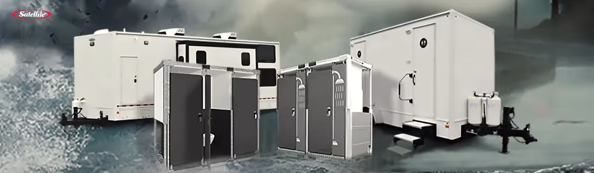 Group of portable sanitation trailers and units with multiple stalls against stormy background