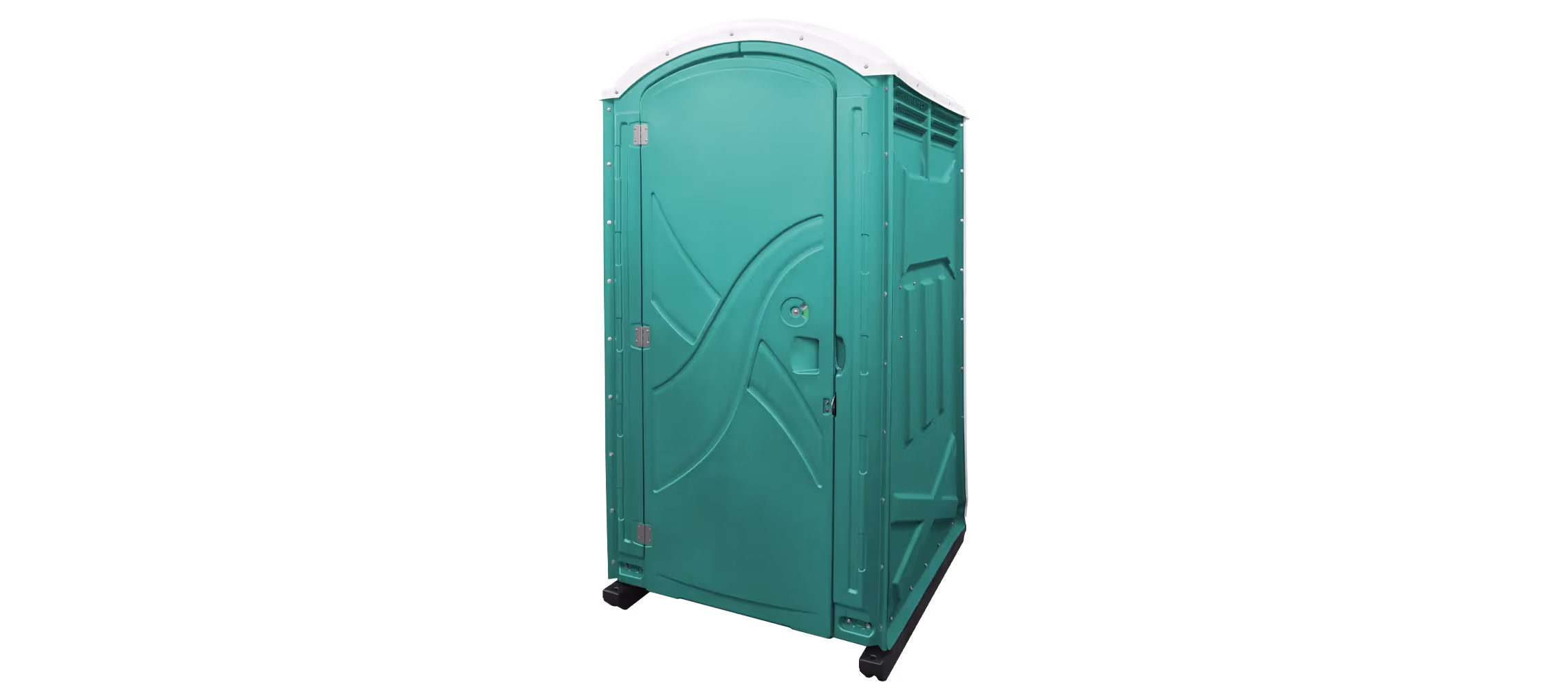 A teal portable restroom with a curved roof and wheels, designed for outdoor use.