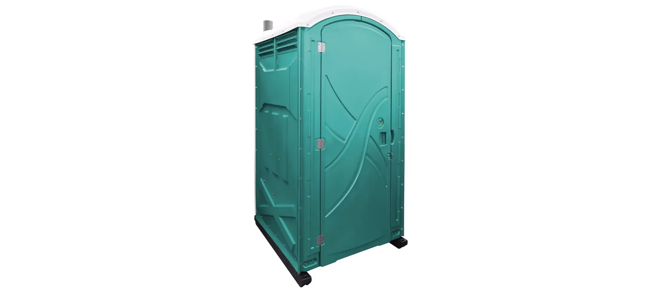 Portable toilet in aqua blue with a white roof and side ventilation.