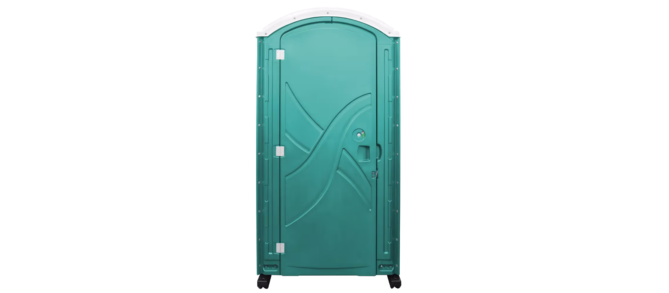 Green portable toilet with a curved top and a simple design on the door.