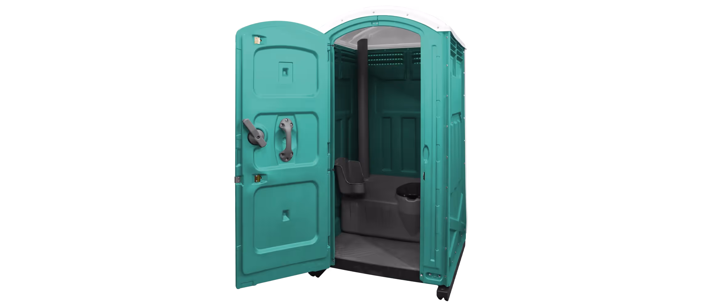 Portable toilet in teal color, with an open door revealing the interior.