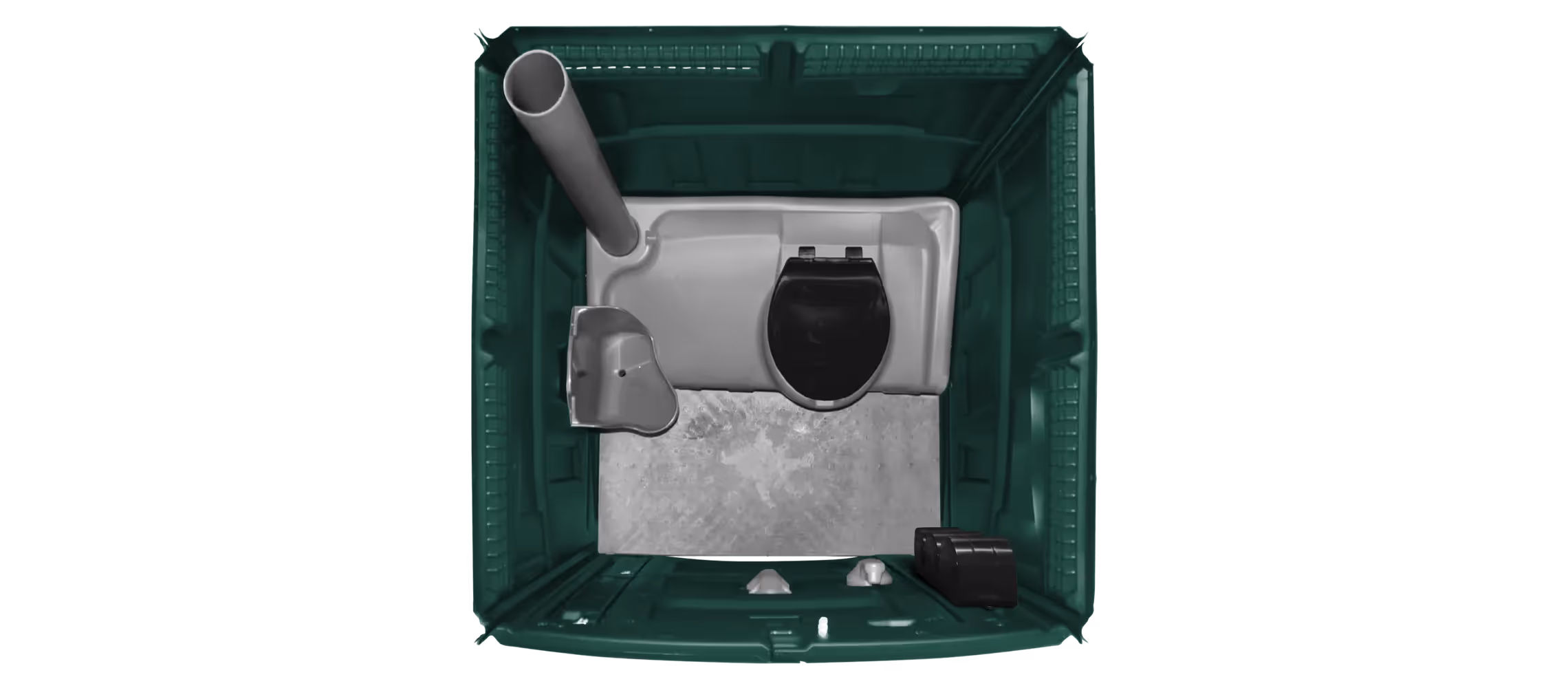 Interior view of a portable toilet in forest green, featuring a toilet and hand sanitizer dispenser.