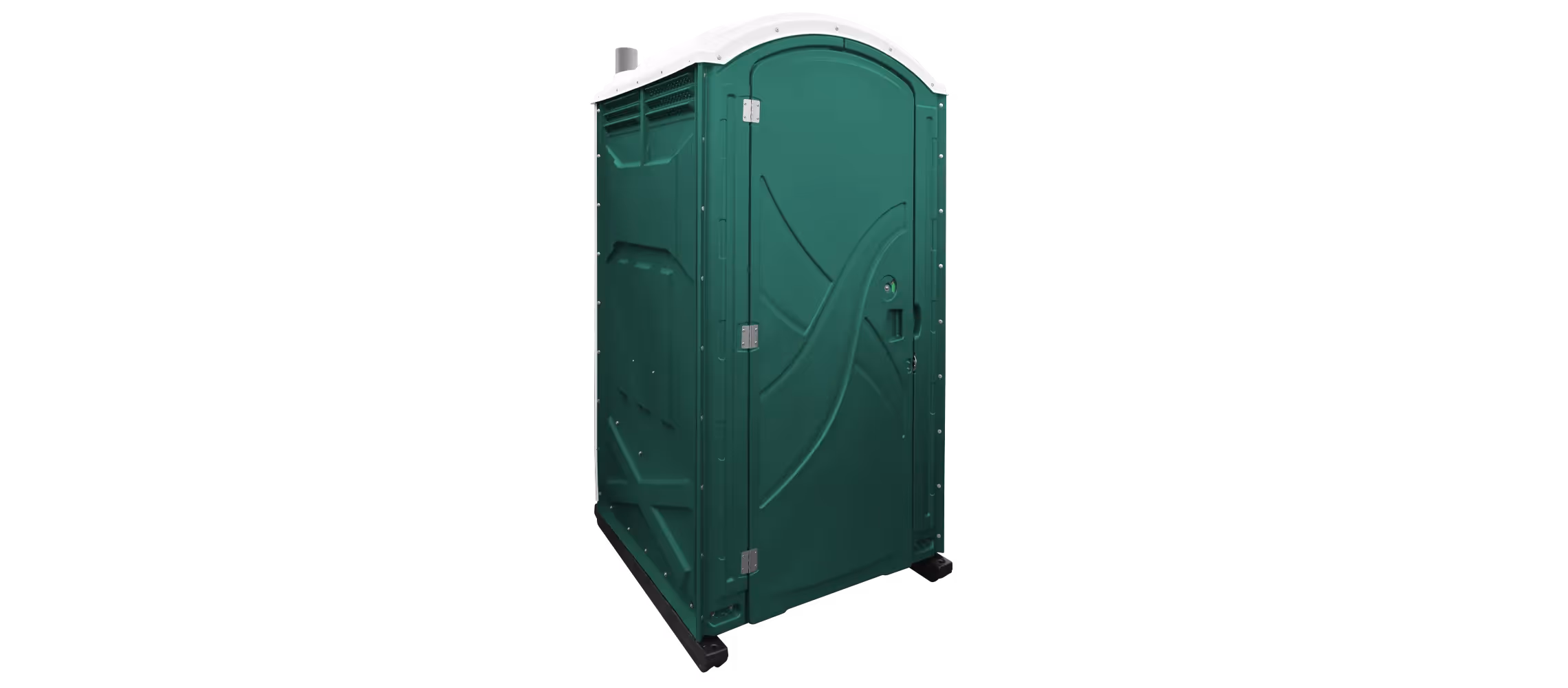 Portable toilet in forest green with a white roof, featuring a sleek, modern design.