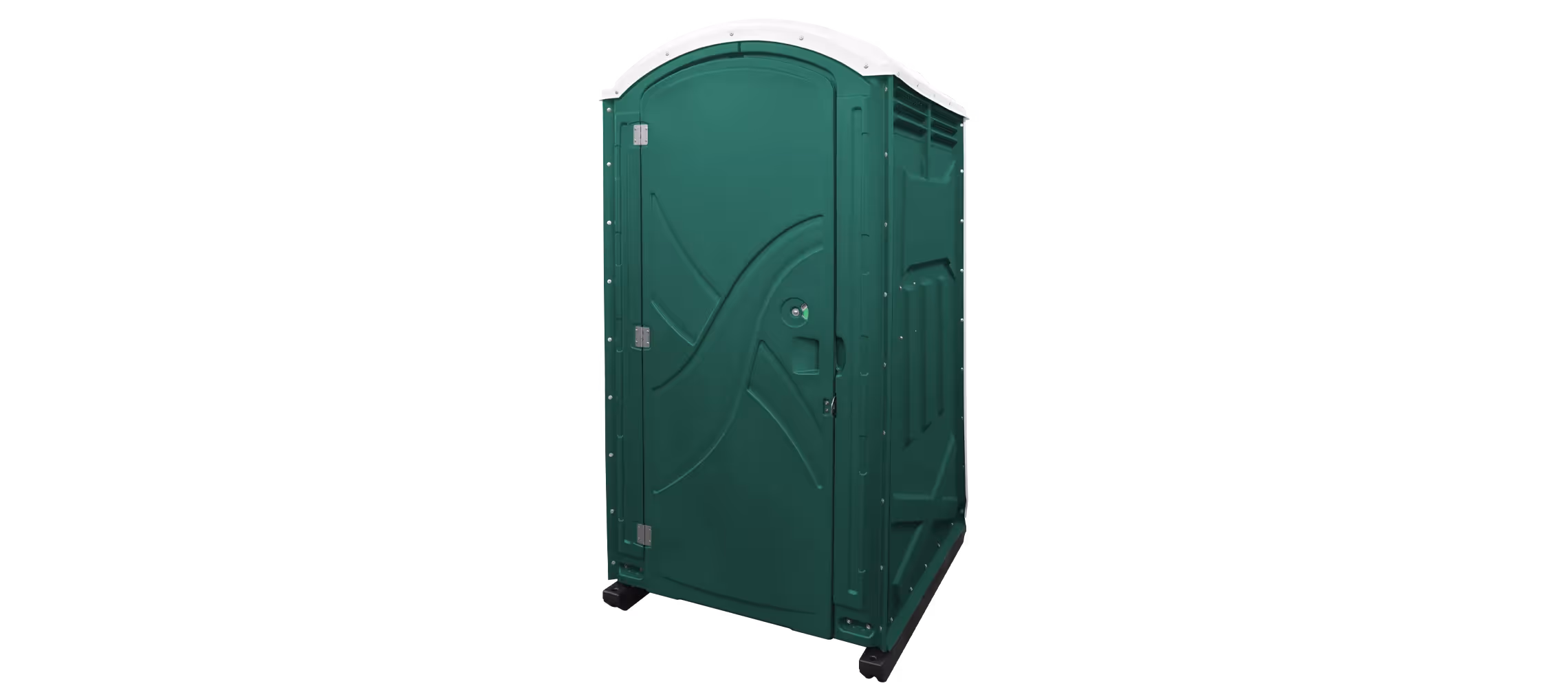 Portable restroom in forest green color with a curved roof and door.