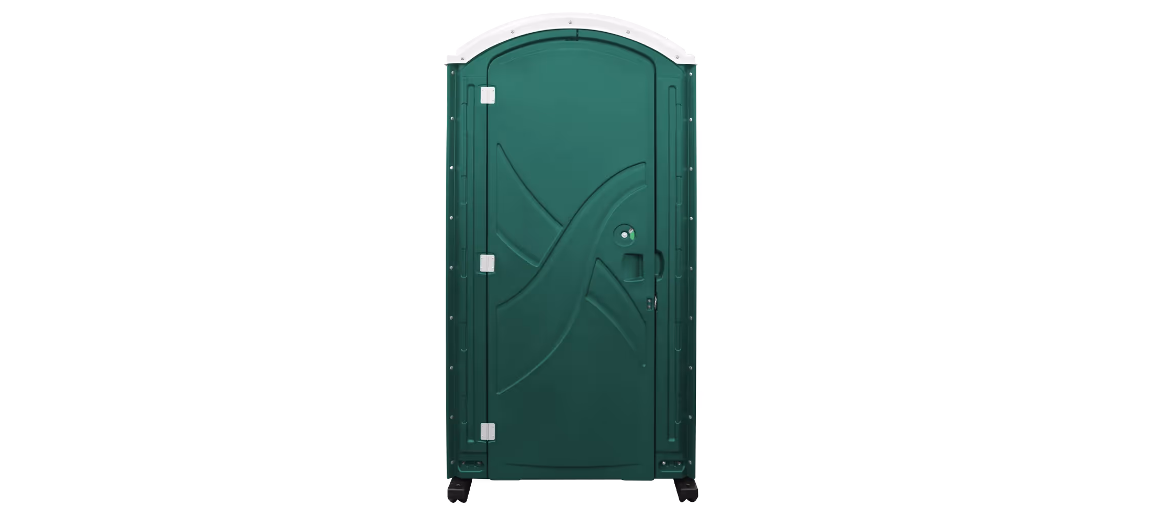 A green portable restroom with a curved top, featuring a single door and wheels.