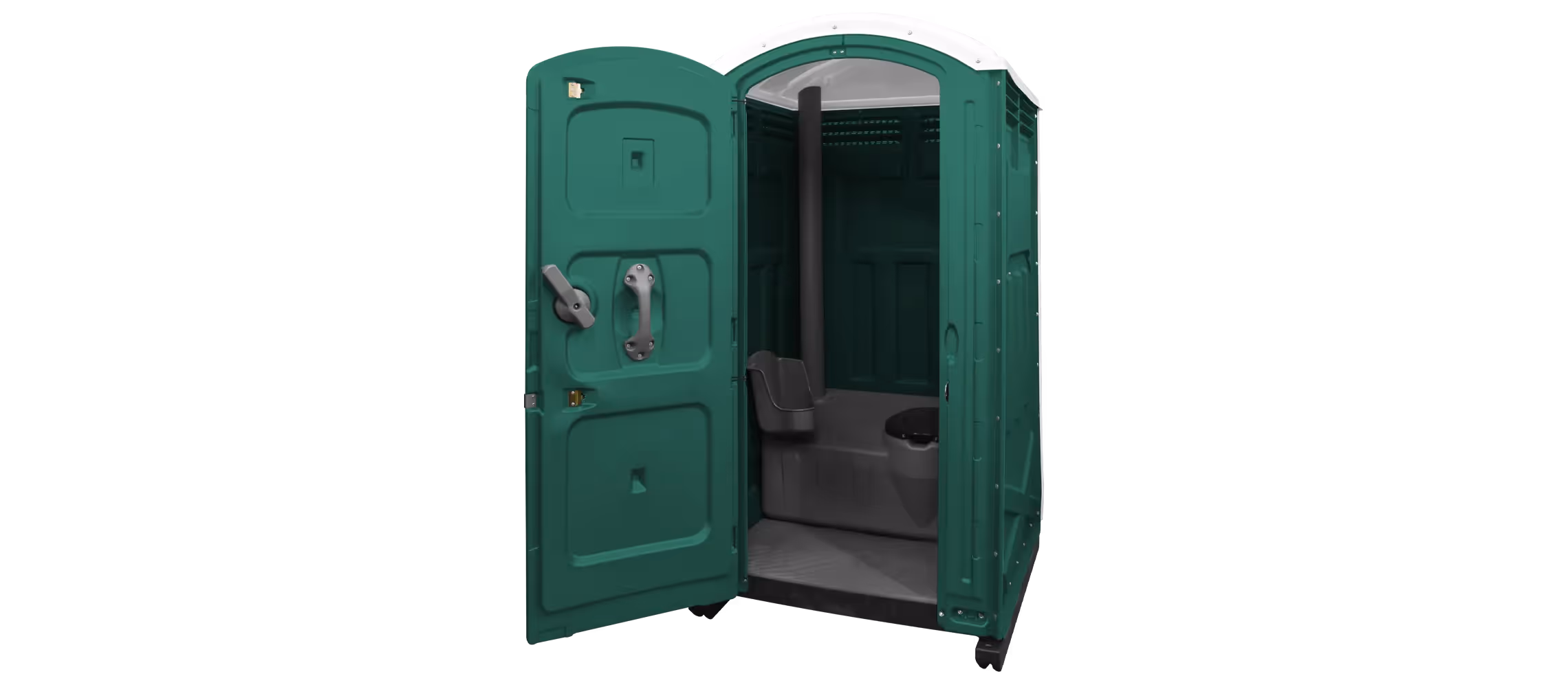 Portable green restroom with an open door, featuring interior stall and toilet.