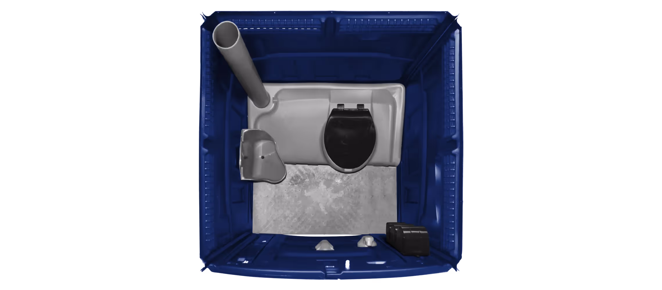 Portable toilet interior featuring a toilet seat, hand sanitizer, and a waste pipe on a gray floor.