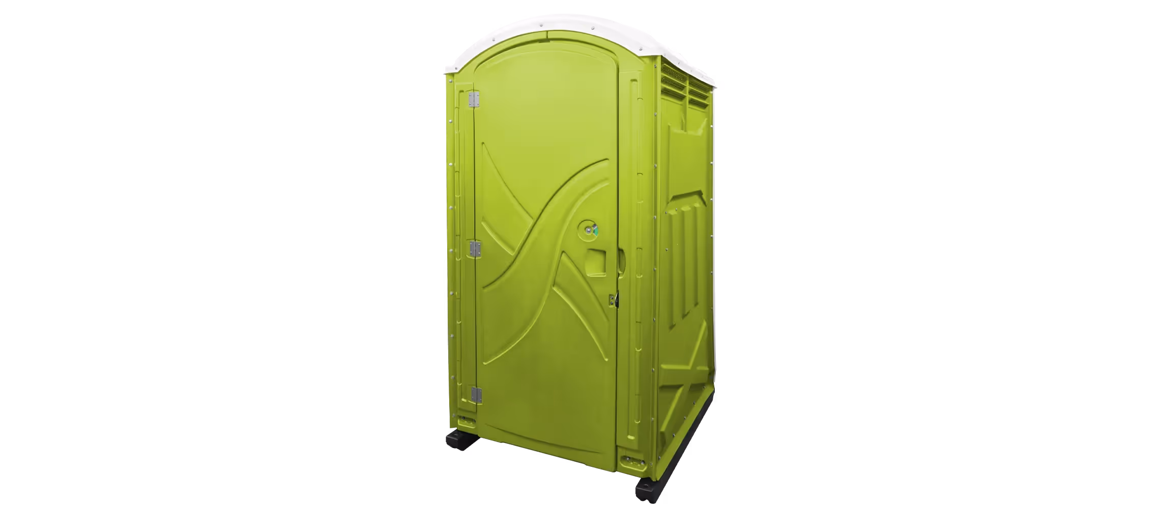 Bright green portable restroom with smooth design and a curved top.