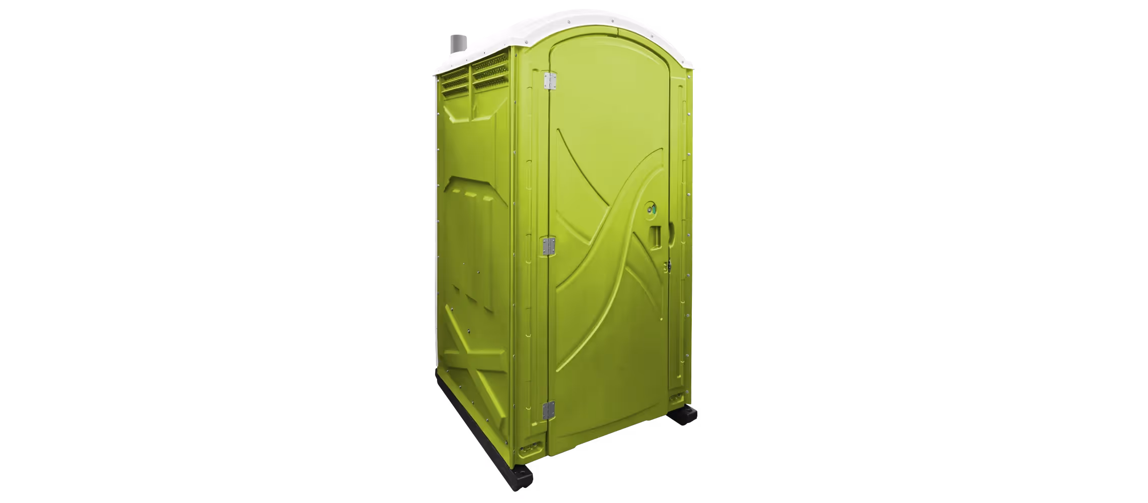 Bright lime green portable restroom with a curved top and a locking door, set against a black
