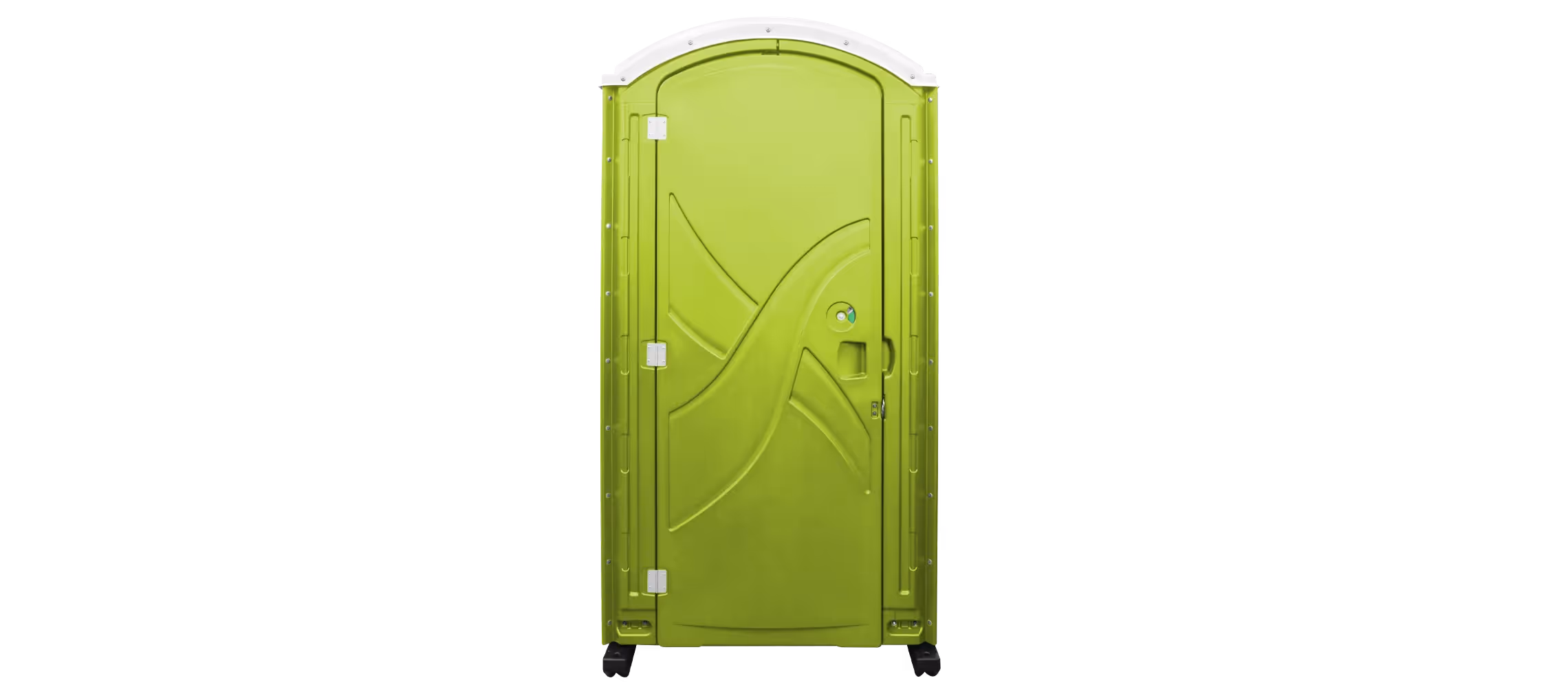 Portable lime green restroom with a curved top and smooth design, on wheels.