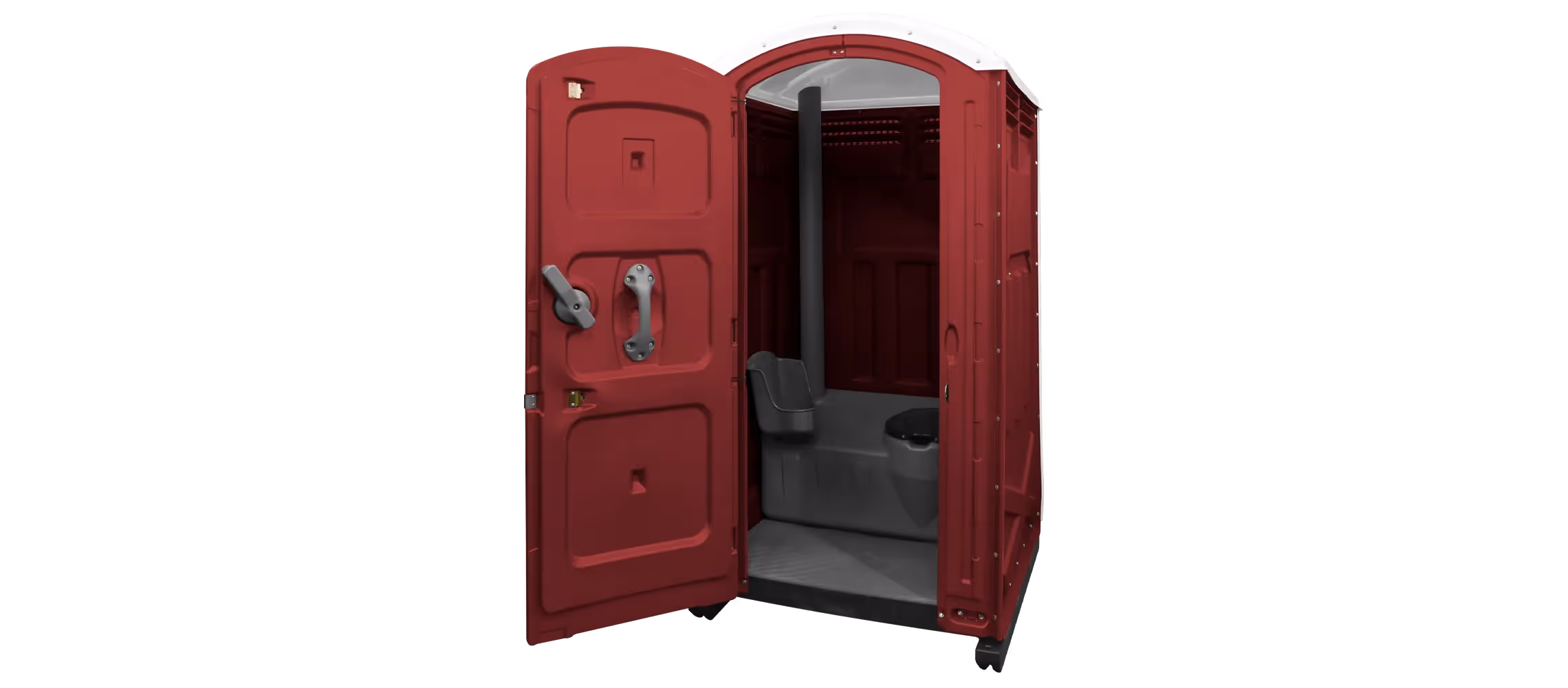 Portable restroom with a maroon exterior and open door, revealing a simple interior setup.