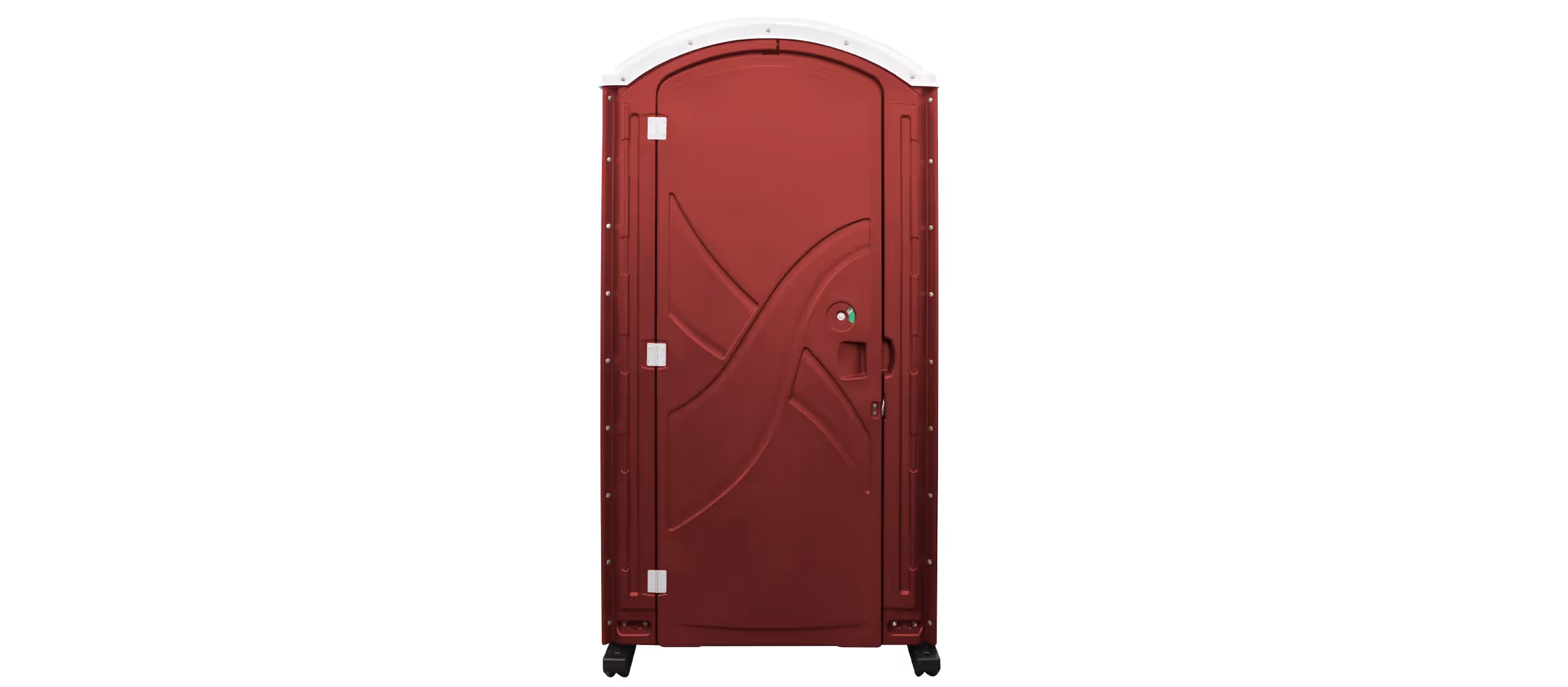 Maroon portable toilet with an arched top and a handle on the door.