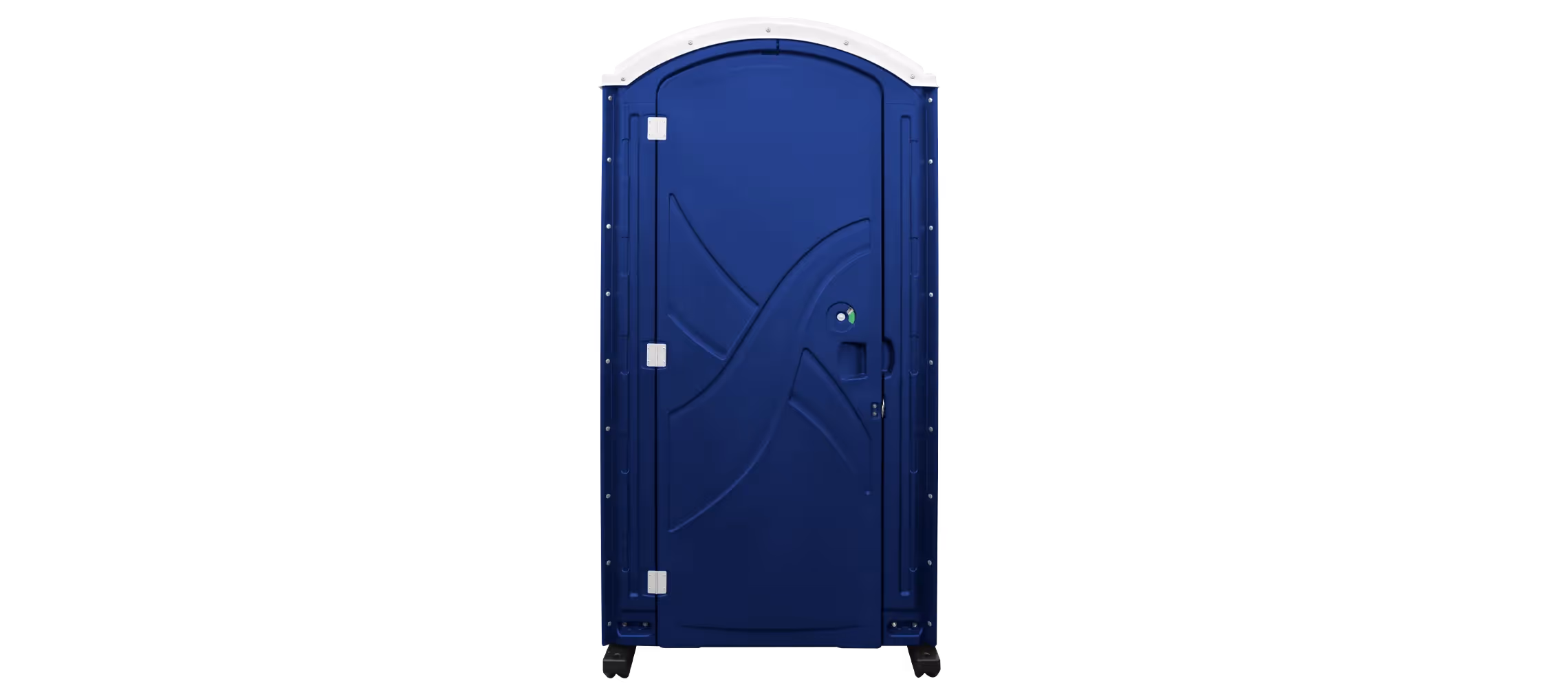 Blue portable toilet with a curved top and side door, set against a black background.