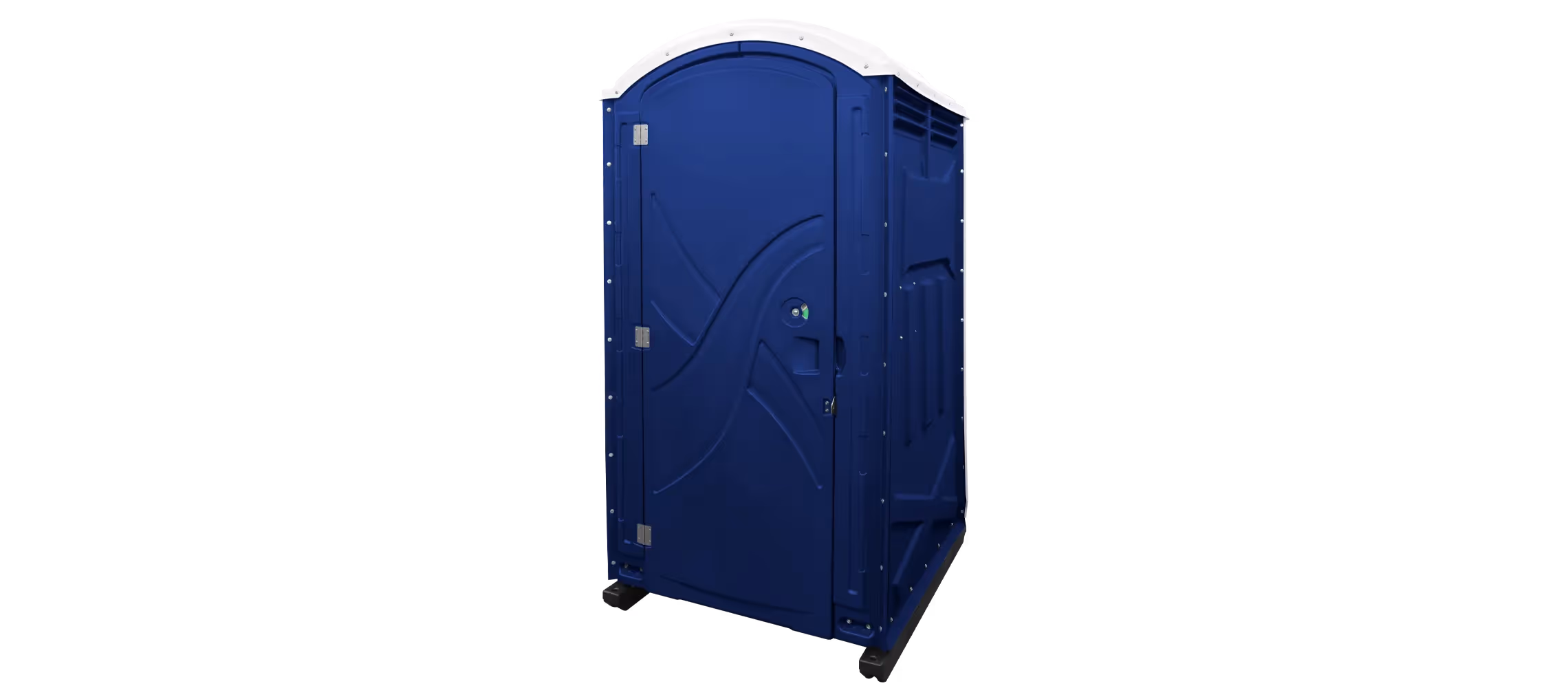 A dark blue portable toilet with a curved roof and side ventilation slots.