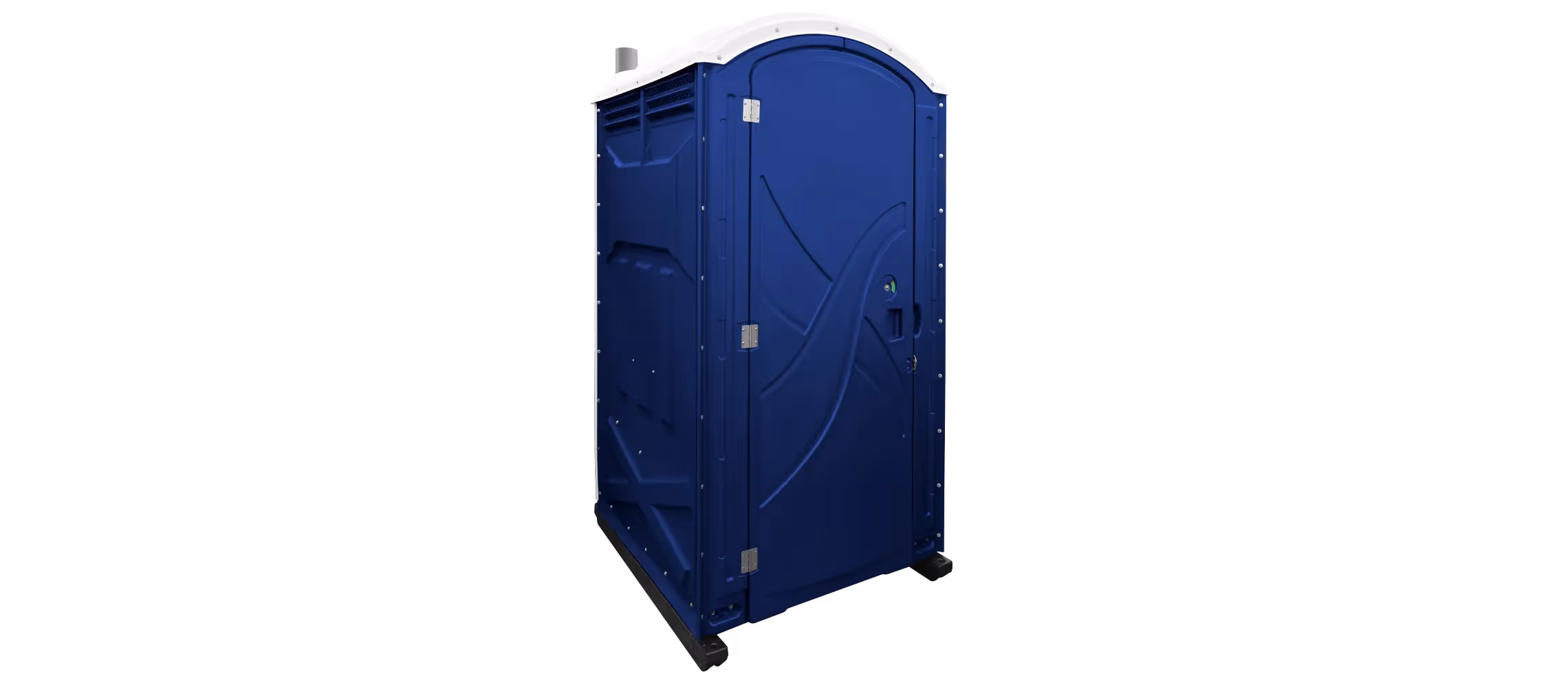 A dark blue portable restroom with a streamlined design and white roof accents.