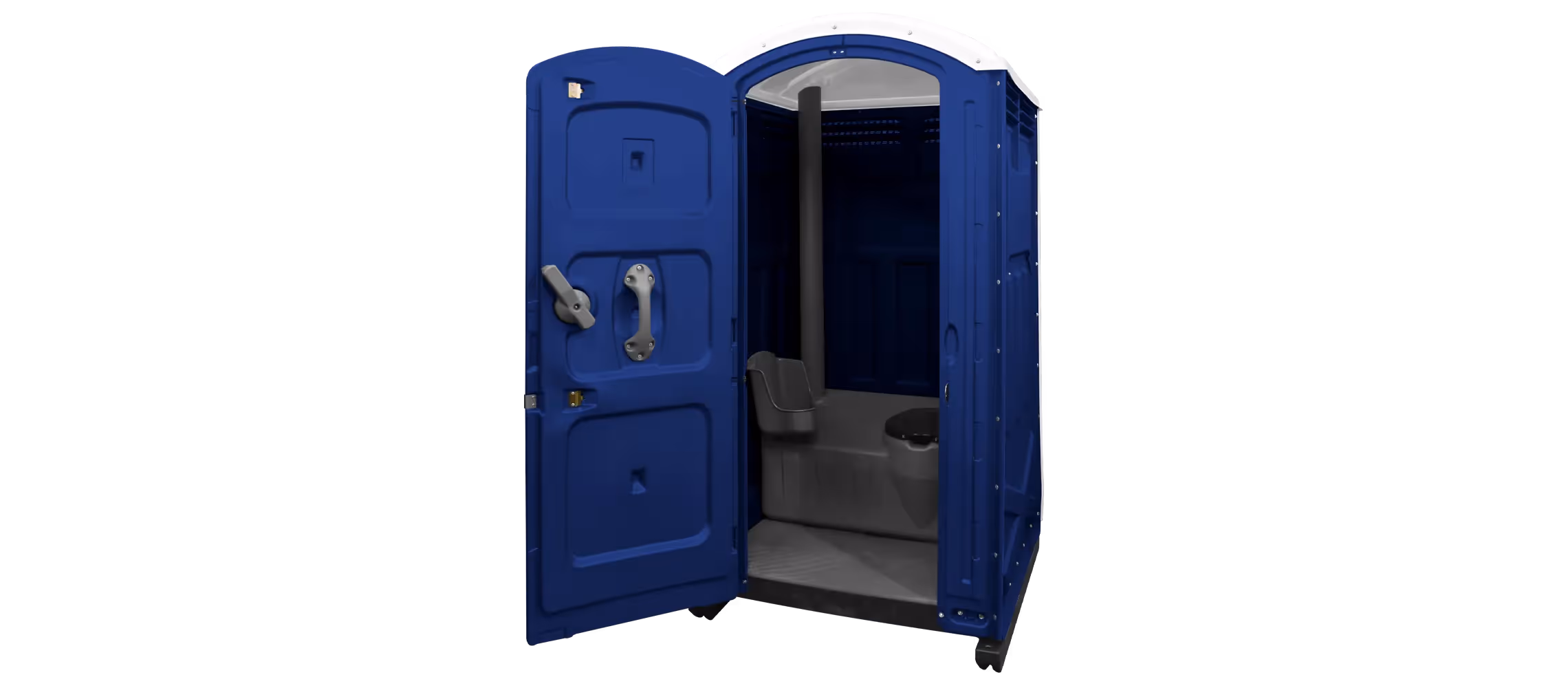 Dark blue portable toilet with an open door, showing a gray interior and toilet seat.