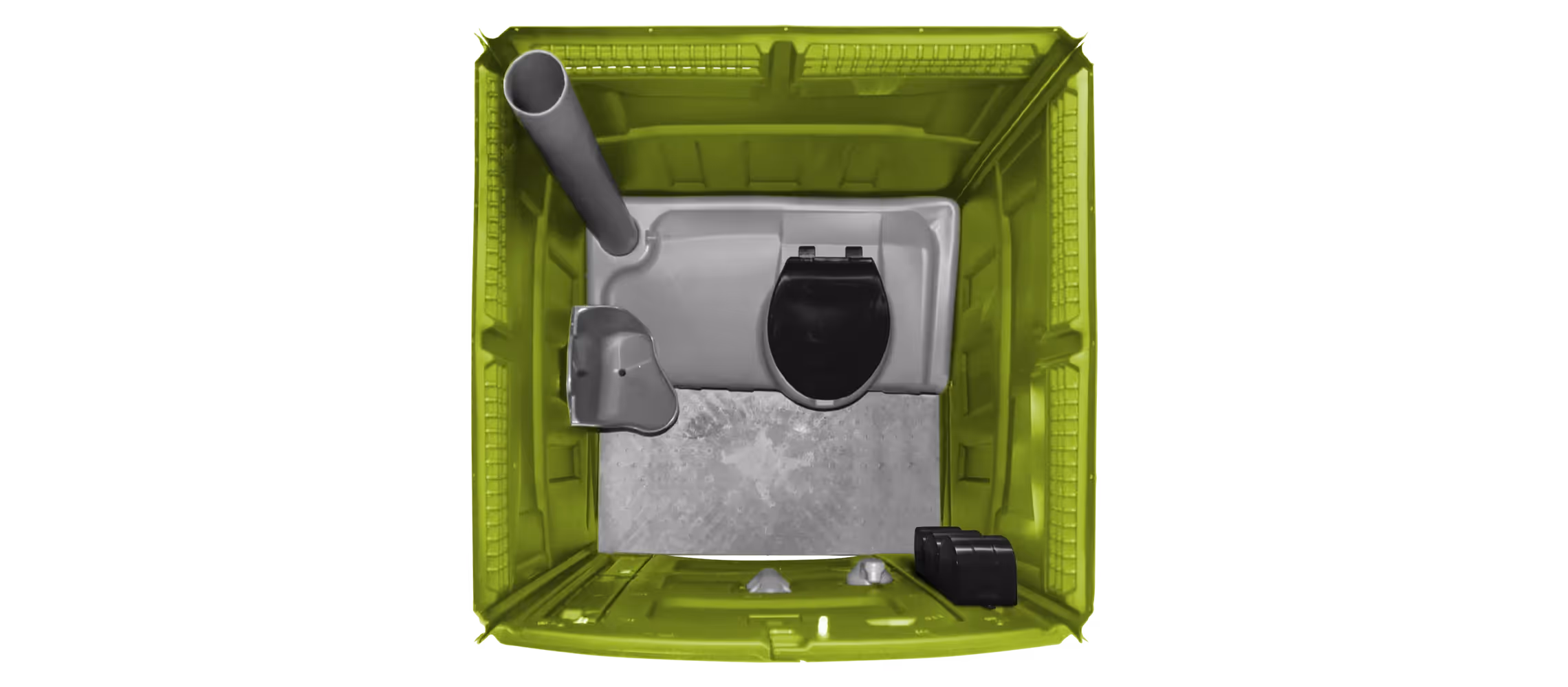Top view of a lime green portable restroom with a toilet, hand sanitizer, and waste disposal area.