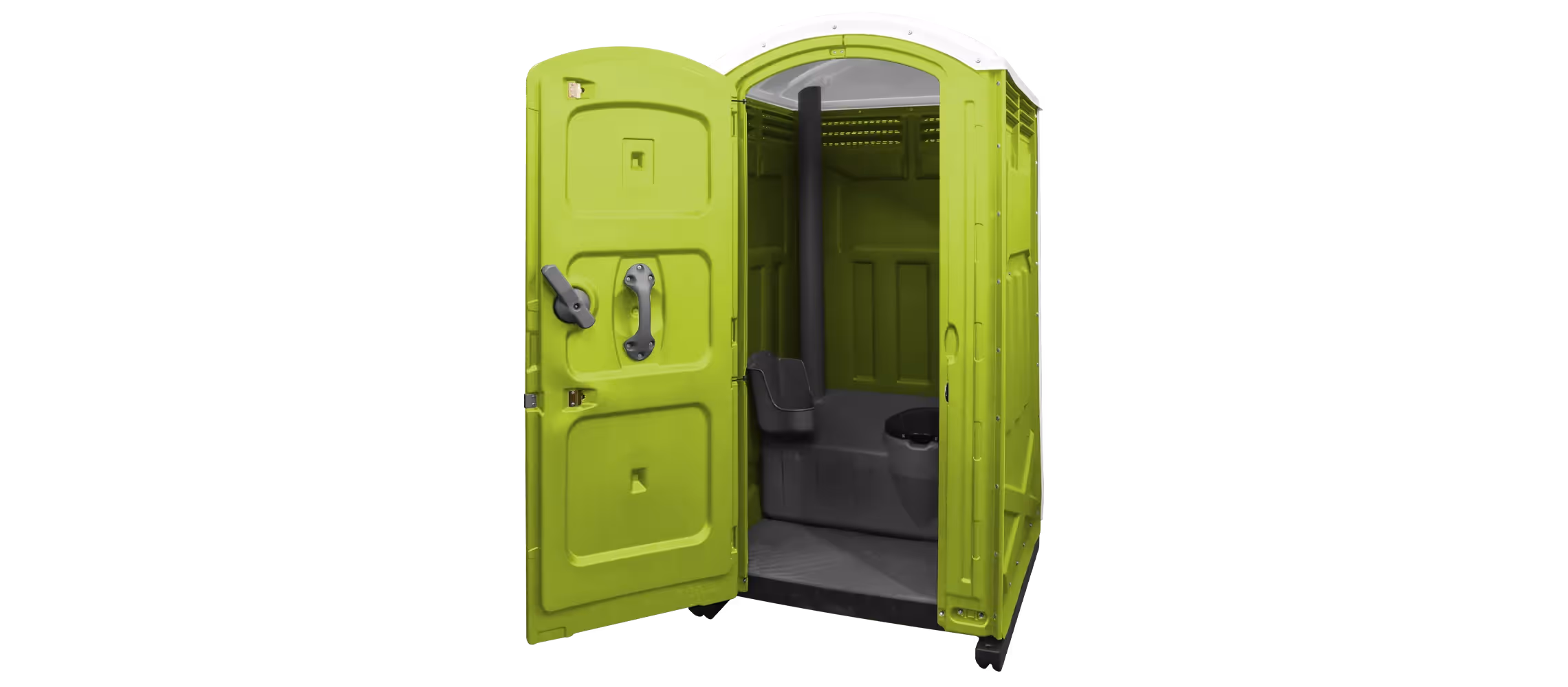 Bright lime green portable toilet with open doors, showcasing the interior fixtures.