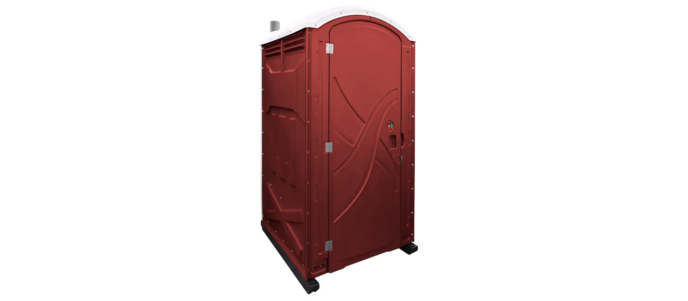 Maroon portable toilet with a white roof and ventilation on top.
