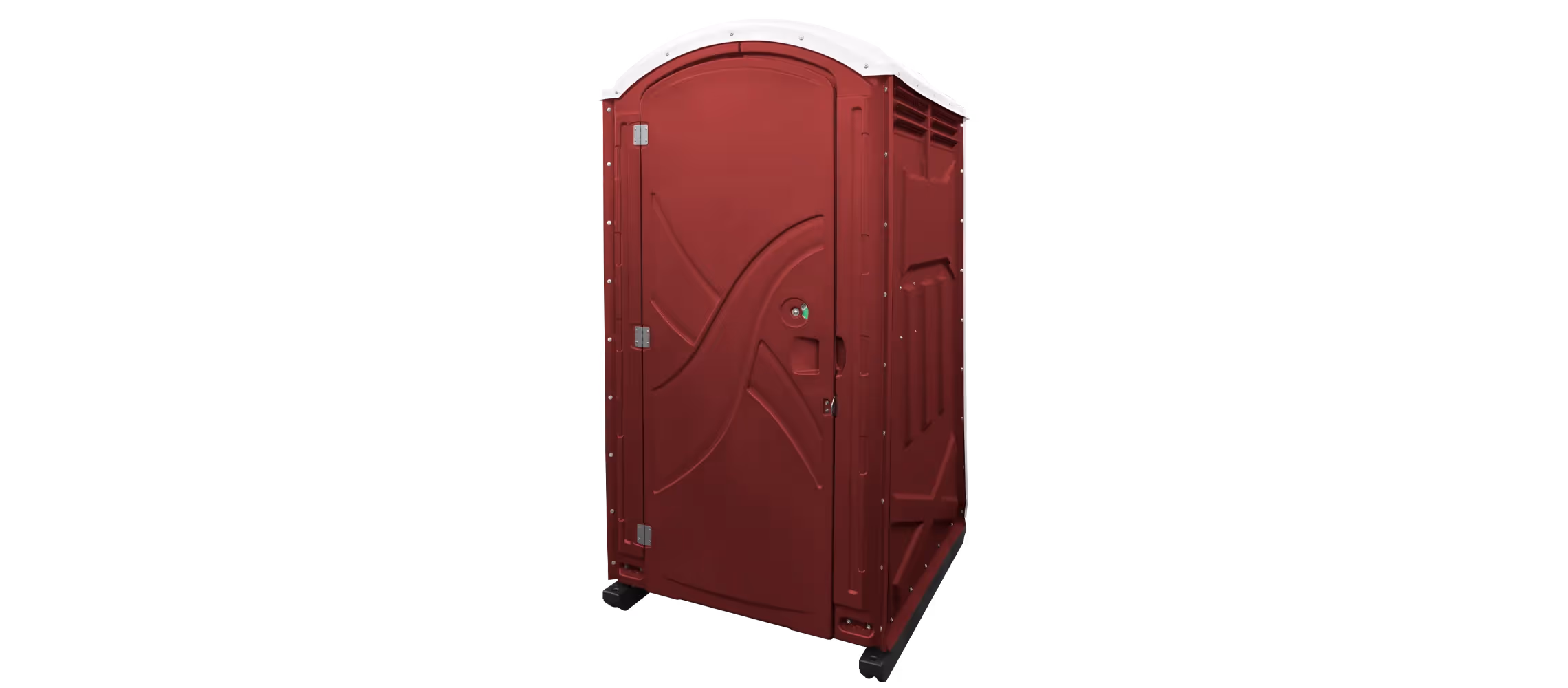 Maroon portable toilet with a curved white roof and side ventilation.