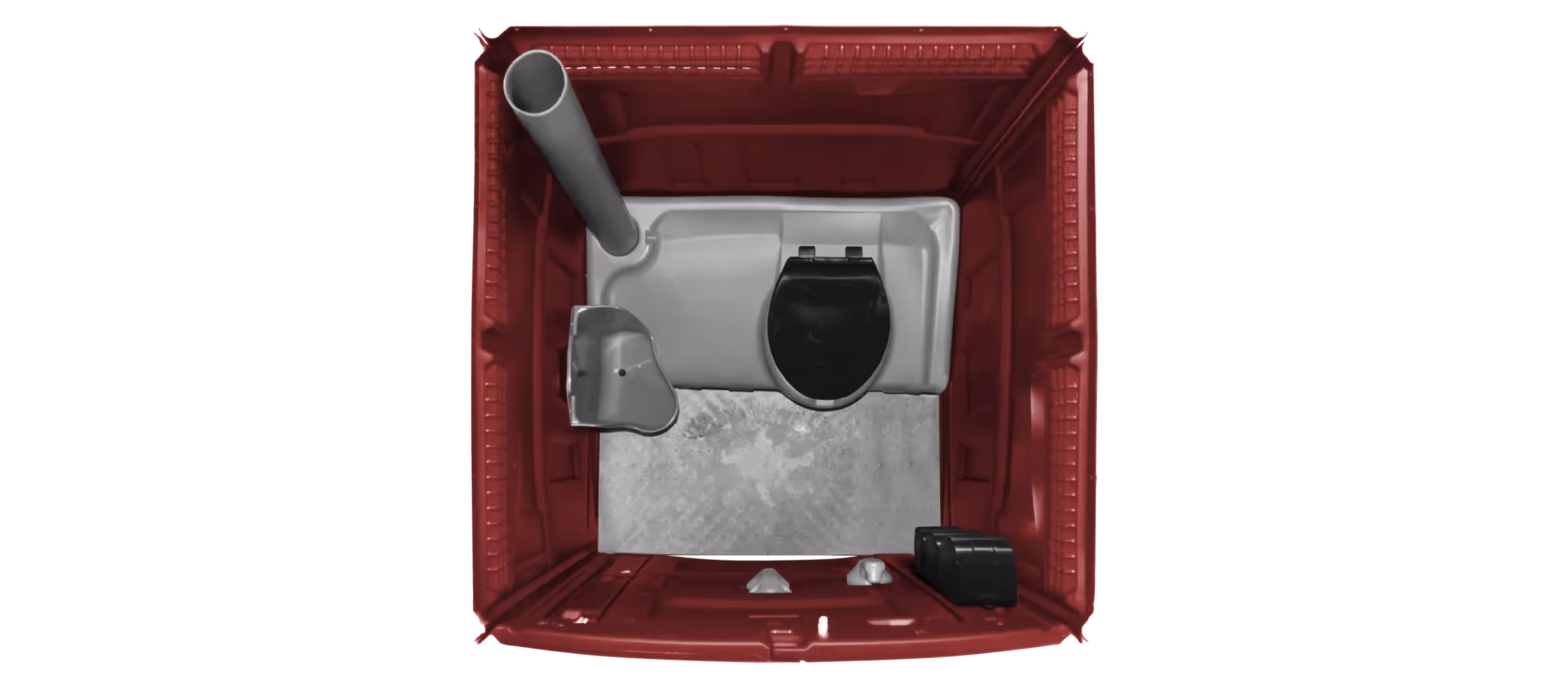 Top view of a maroon portable toilet with a black toilet seat and a vent pipe.