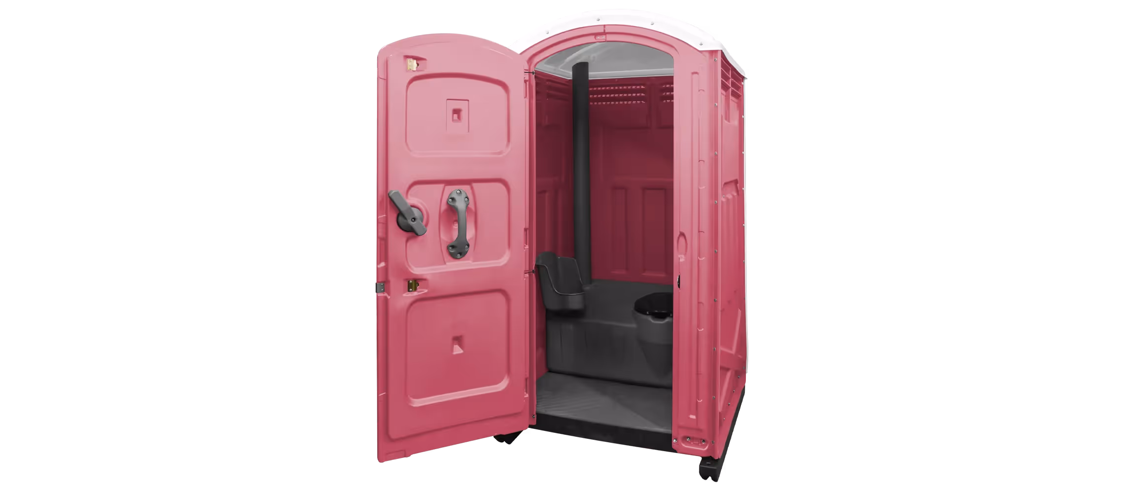 Bright pink portable toilet with an open door, featuring interior handrails and a black toilet seat.