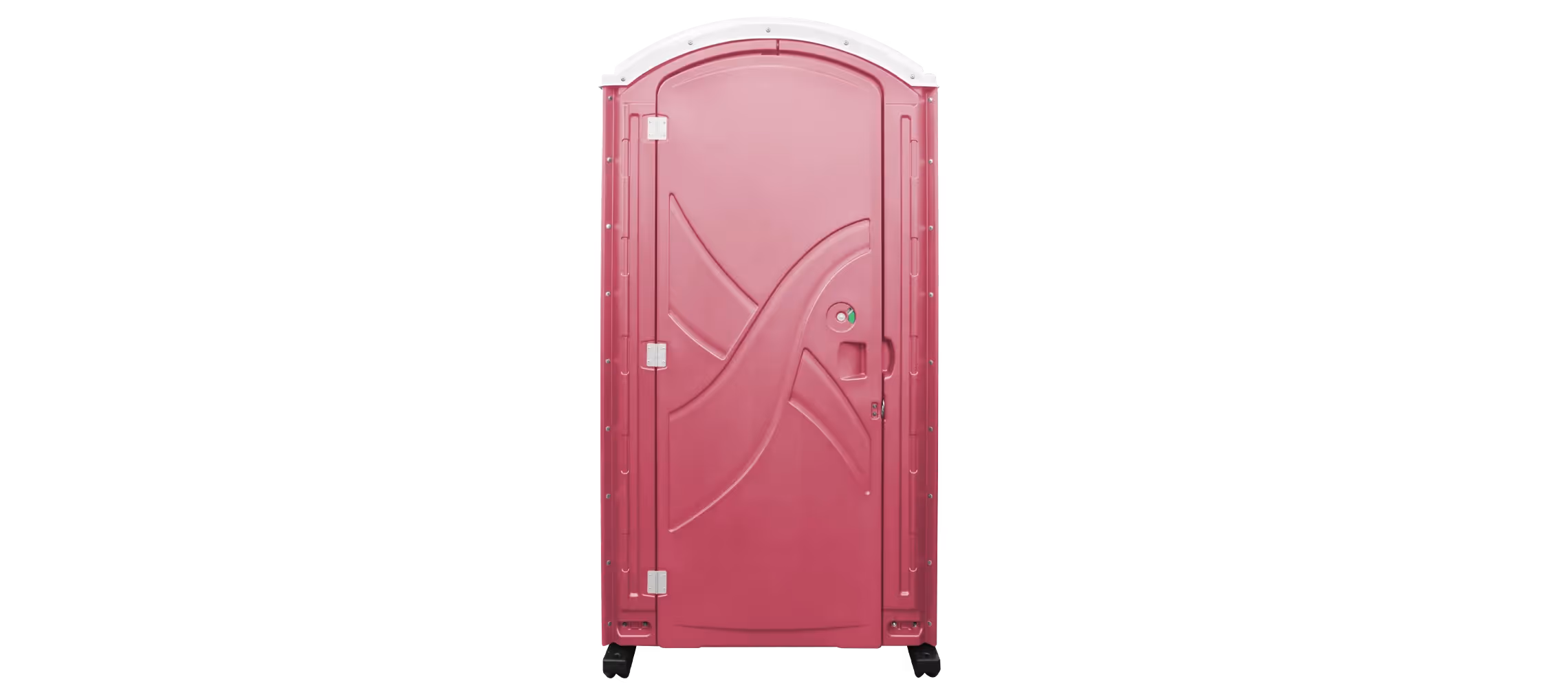 Pink portable restroom with a curved top and a single door, mounted on wheels.