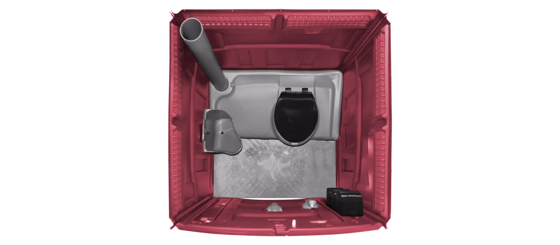 Top view of a pink portable toilet with a gray interior and waste pipe.