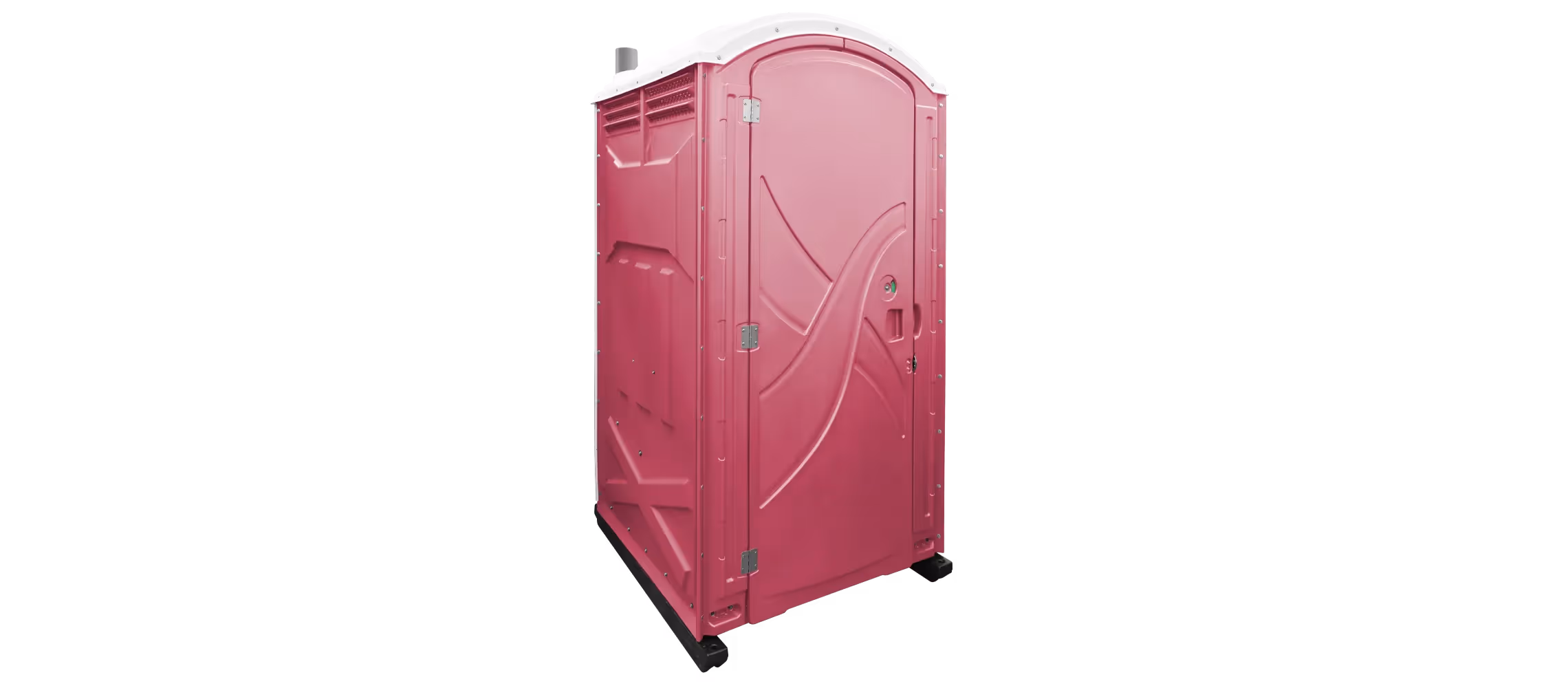 A pink portable toilet with a curved roof and a side handle for easy access.