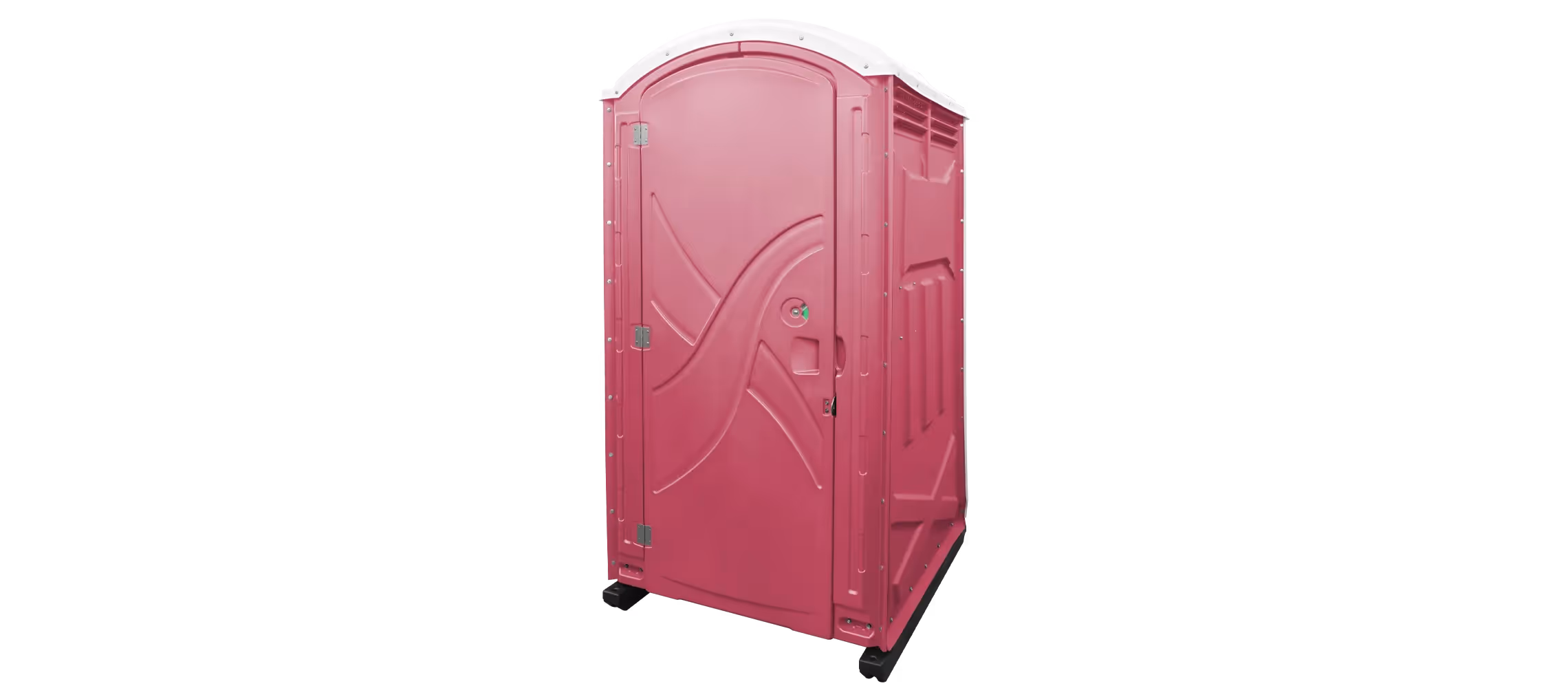 A pink portable restroom with a curved roof and a door, set against a black background.