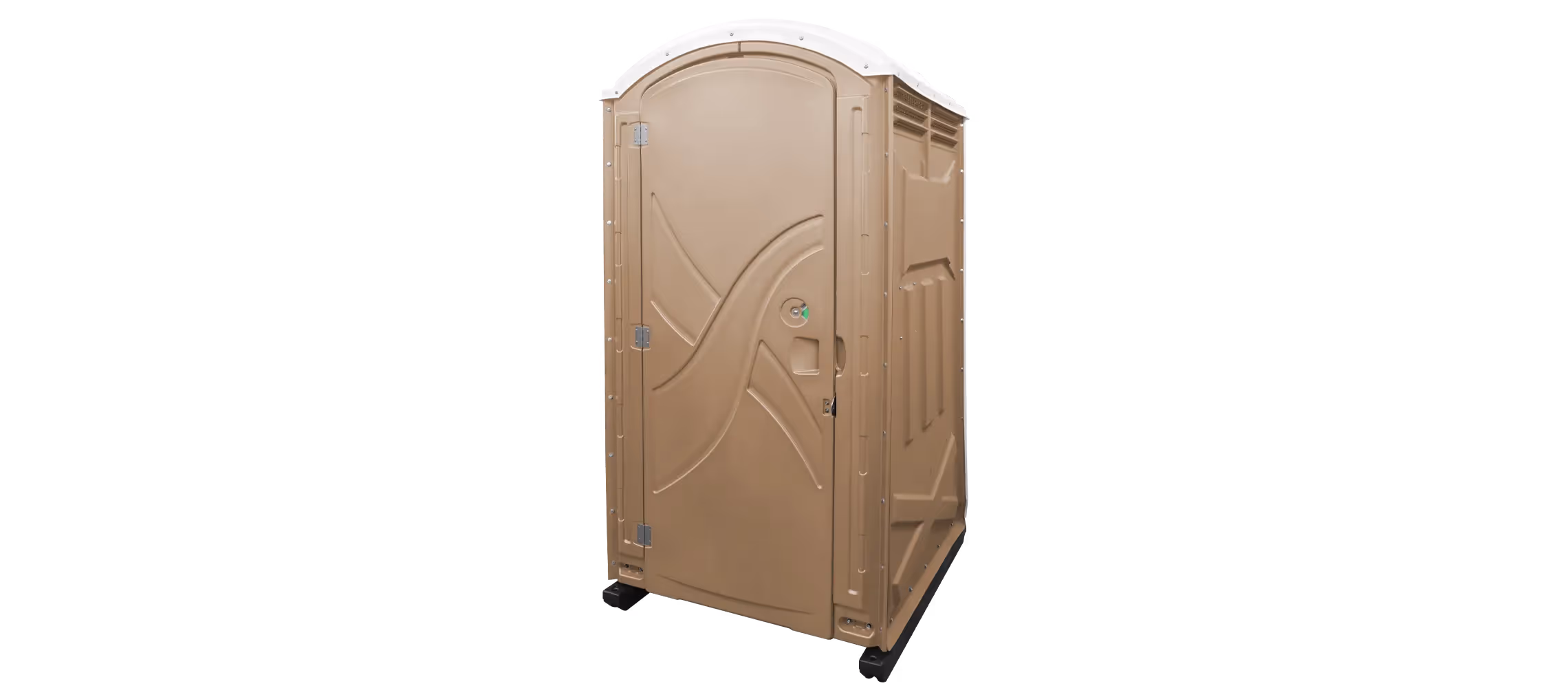 A tan portable toilet with a curved roof and a door, situated on a black background.