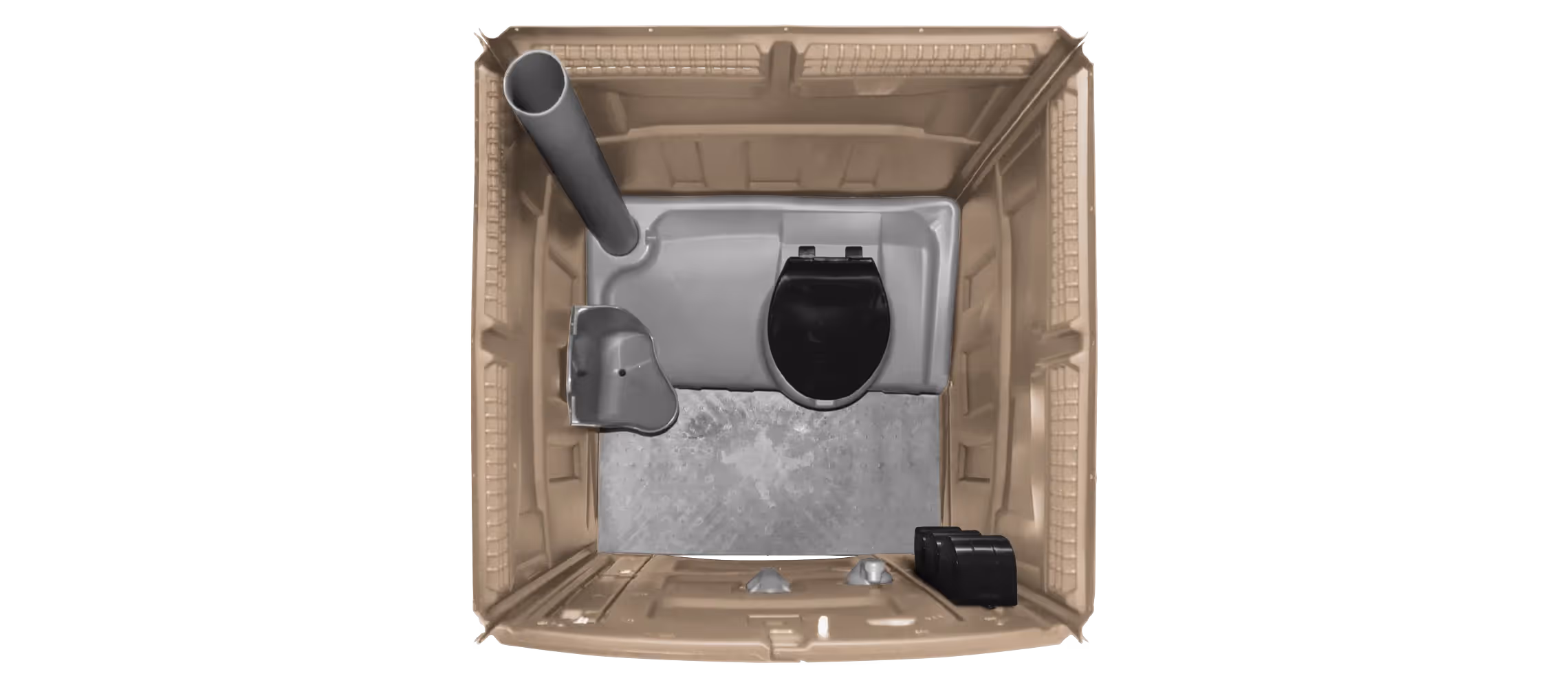 Top-down view of a portable toilet interior with a toilet seat, waste pipe, and flooring.