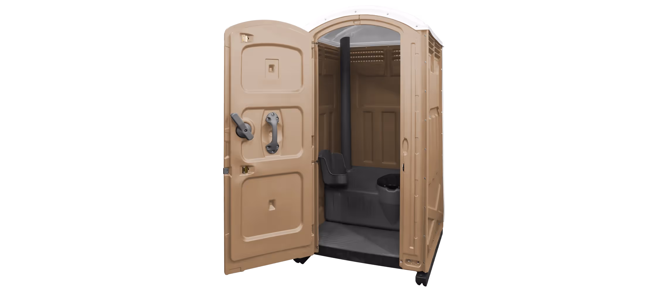 Brown portable restroom with open double doors, revealing interior features and a toilet.