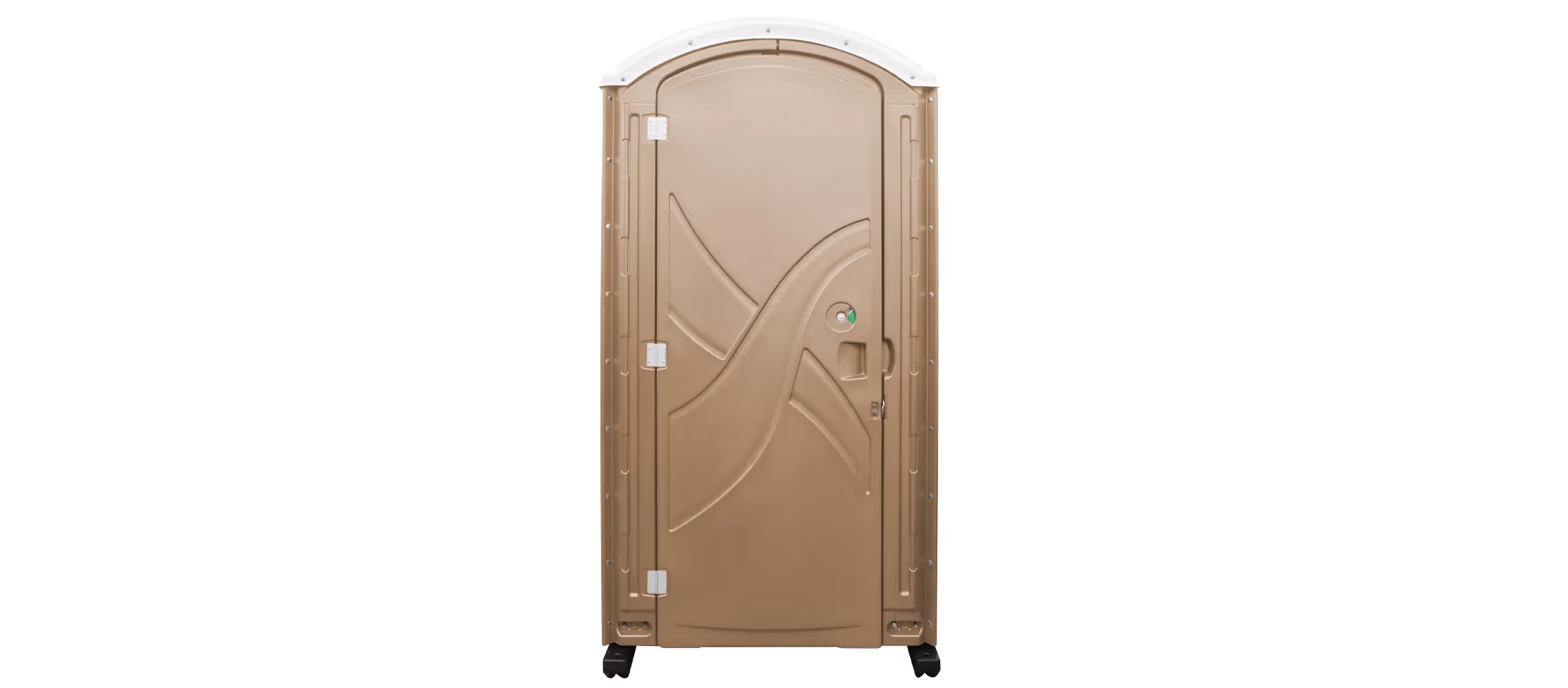 Portable restroom with a beige exterior and an arched top, featuring a locking door and wheels.