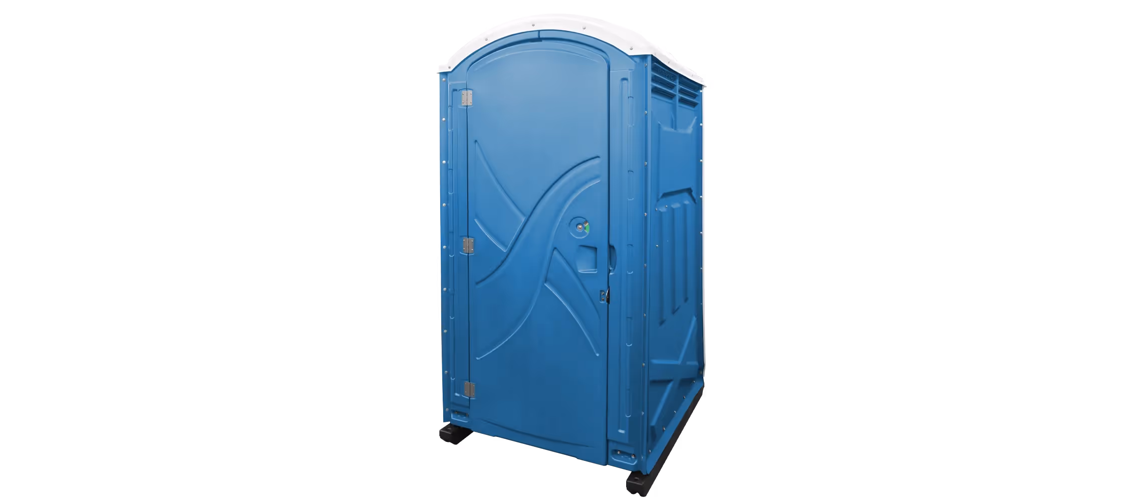 Portable blue restroom unit with a curved top and door, set against a black background.