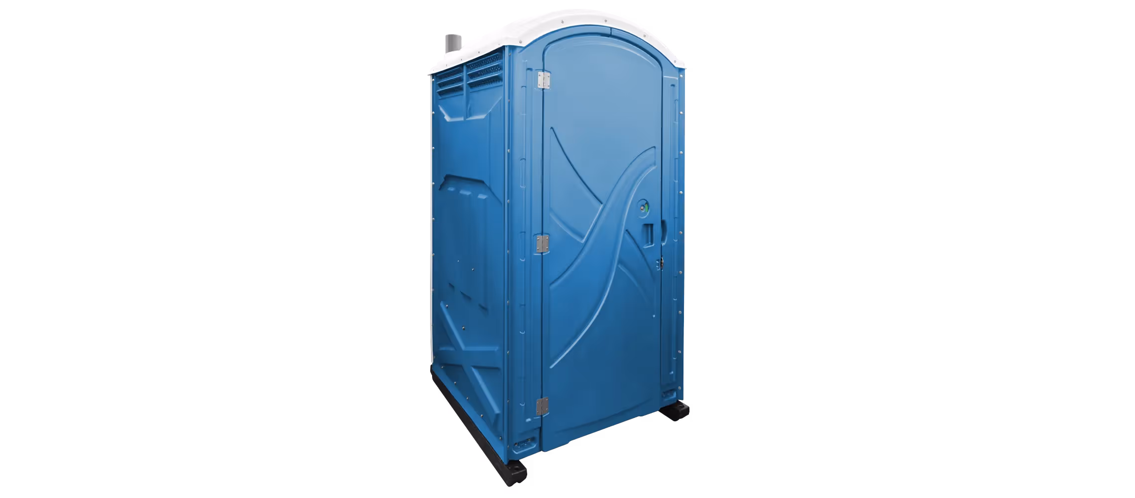 Blue portable restroom with a curved roof and a single door, set against a black background.