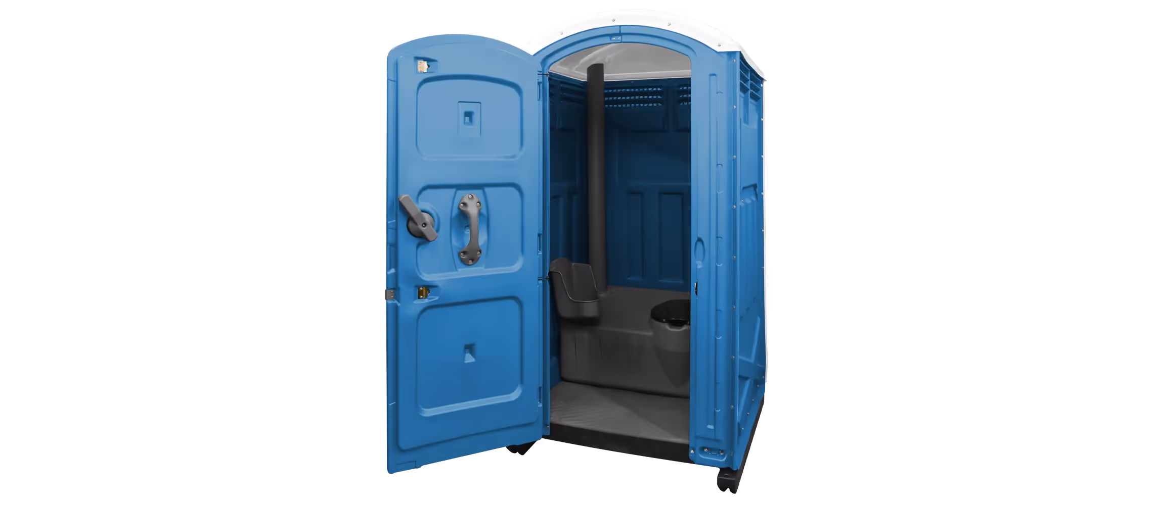 A portable toilet, royal blue with an arched top, featuring a wide open door.