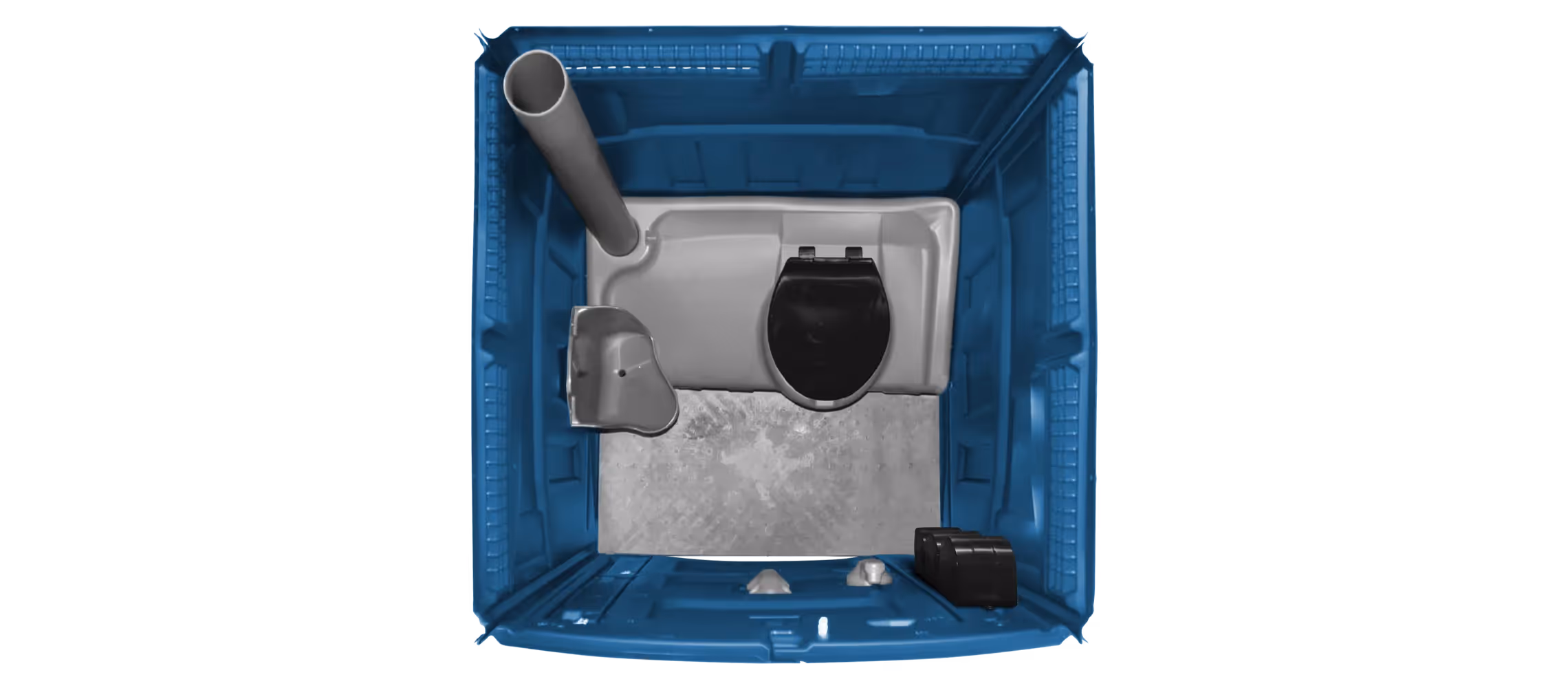Top view of a portable toilet interior featuring a toilet seat, waste pipe, and flooring.