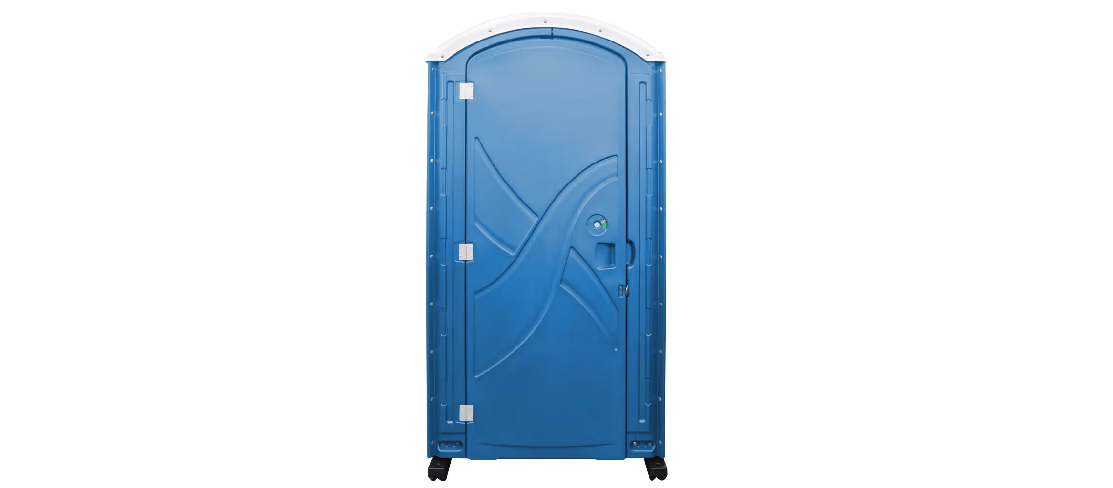 A royal blue portable restroom with a curved top and a door handle on the front.