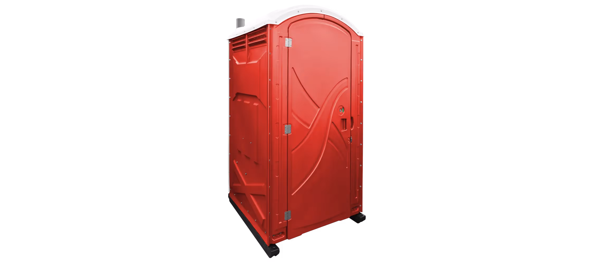 Bright red portable toilet with a curved roof and side vent, placed on a black background.