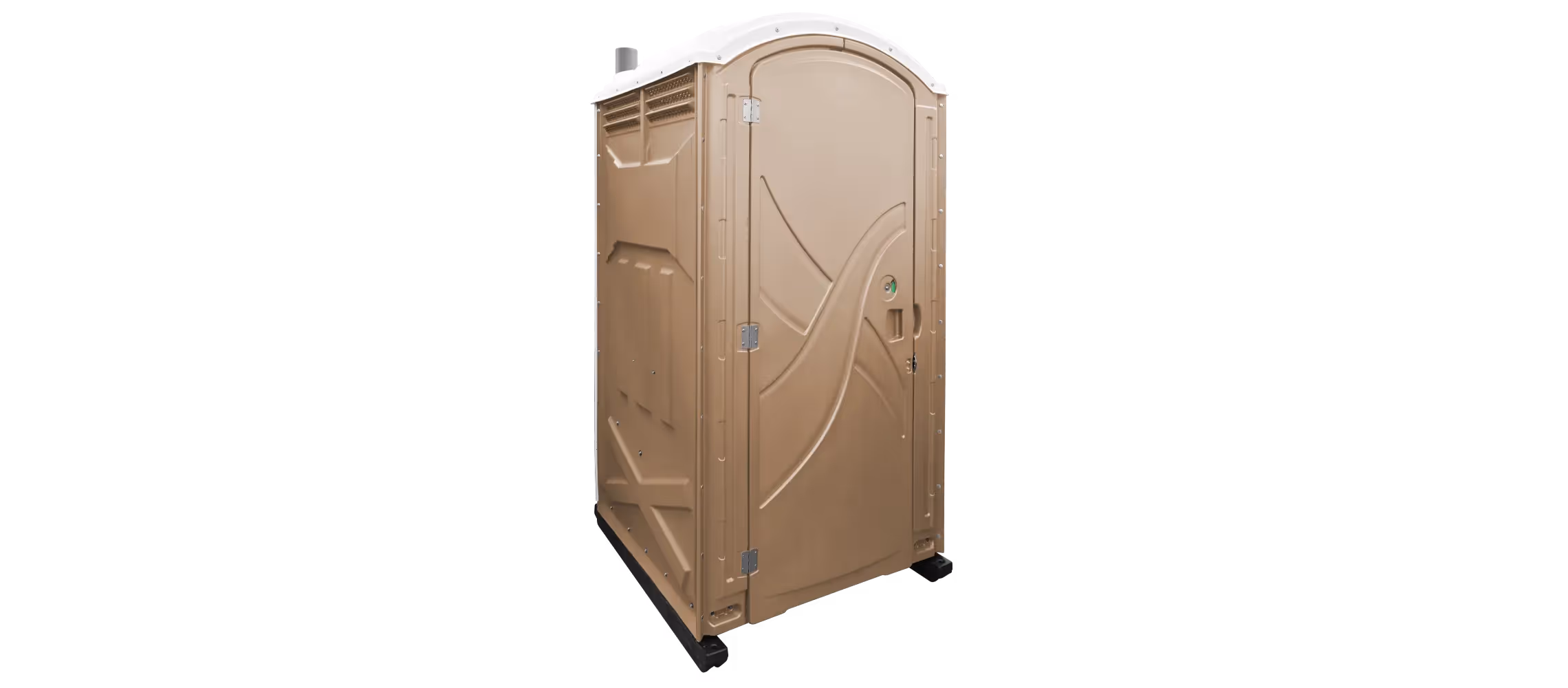 Portable restroom with a sand-colored exterior, featuring a single door and ventilation on top.