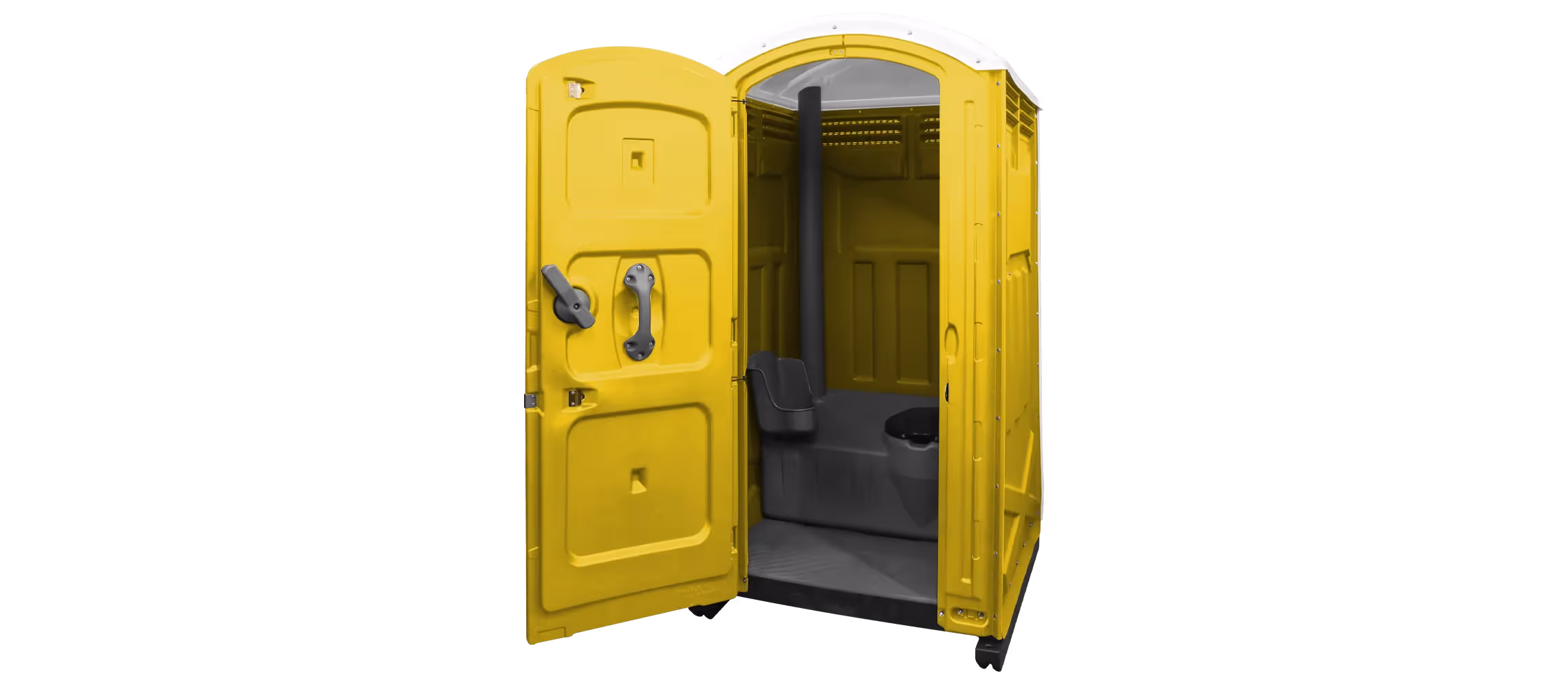 Open yellow portable toilet with a grey interior and side ventilation.