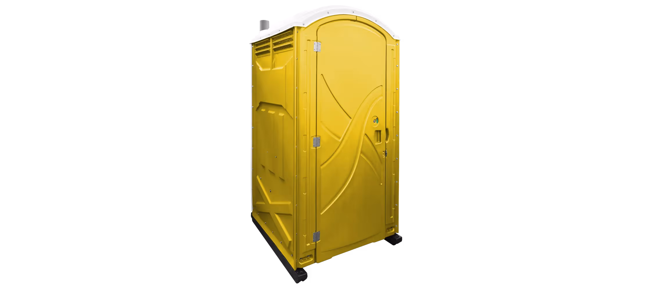 A bright yellow portable toilet with a white roof and side ventilation.