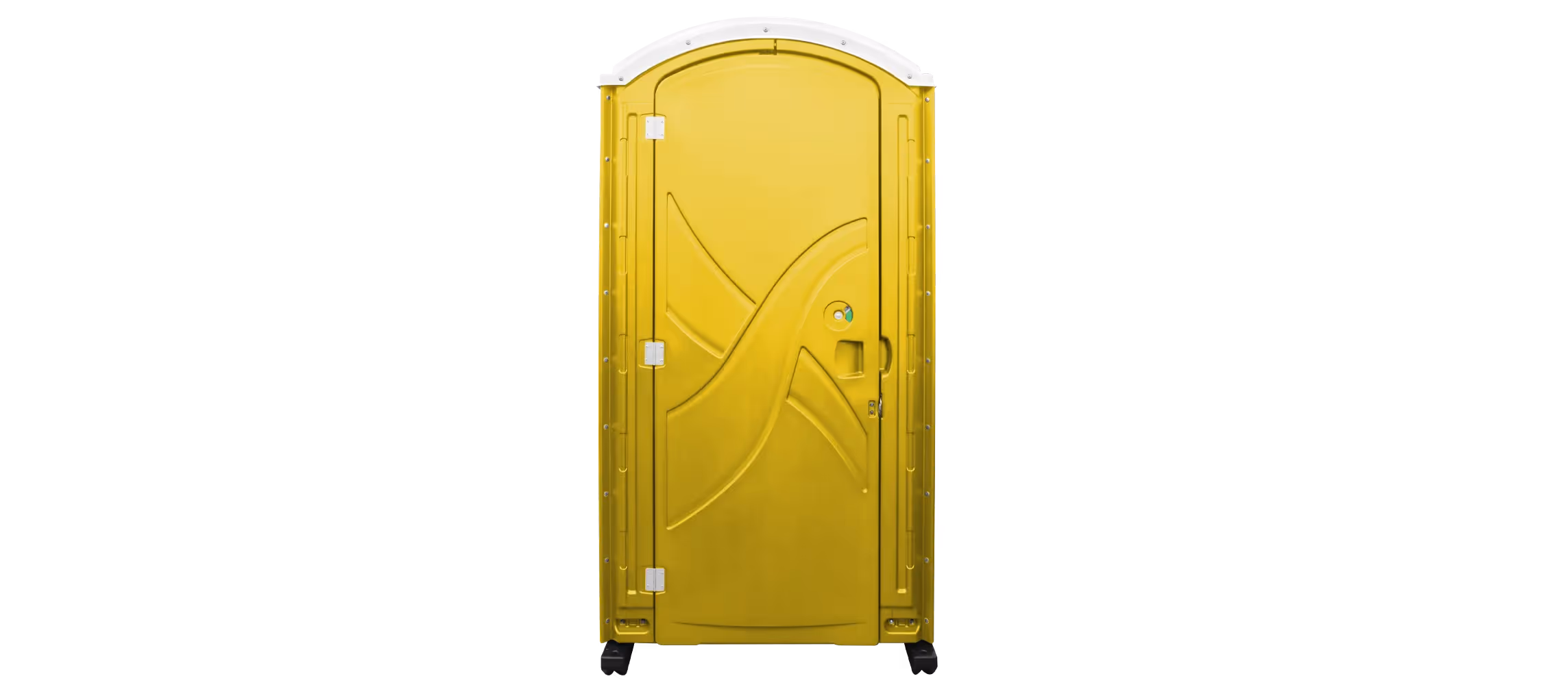 Bright yellow portable restroom with a curved top and a simple door design on a black background.