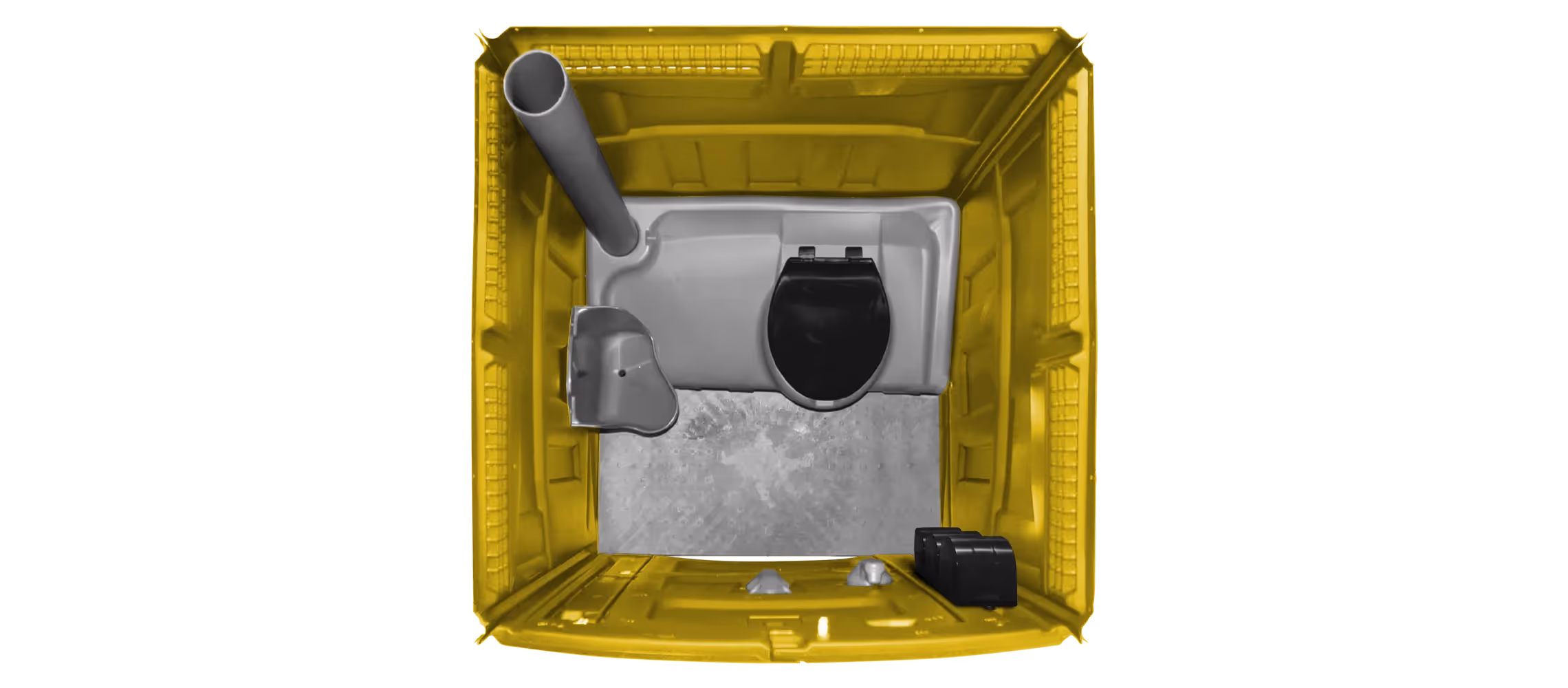 Top view of a yellow portable toilet interior featuring a toilet seat and waste pipe.