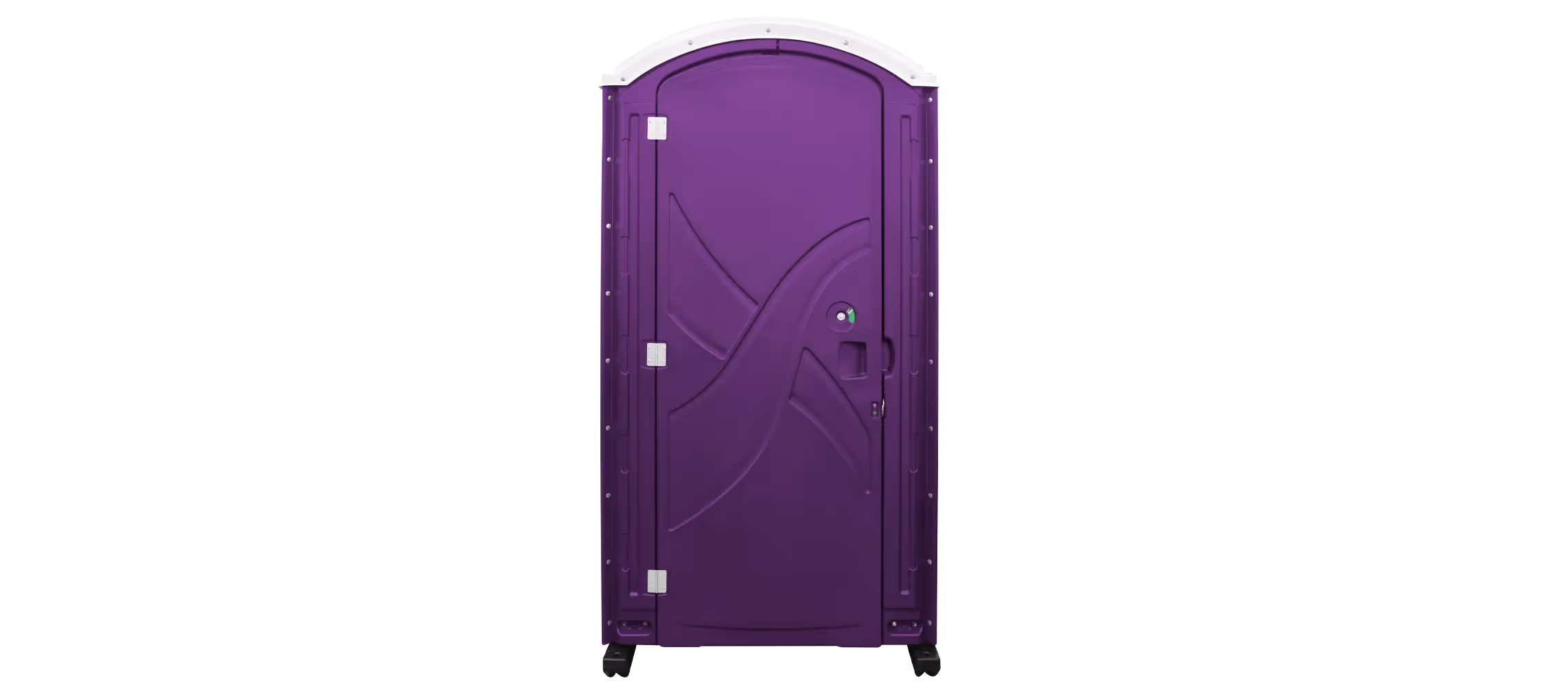 Purple portable restroom with an arching top and a single door.