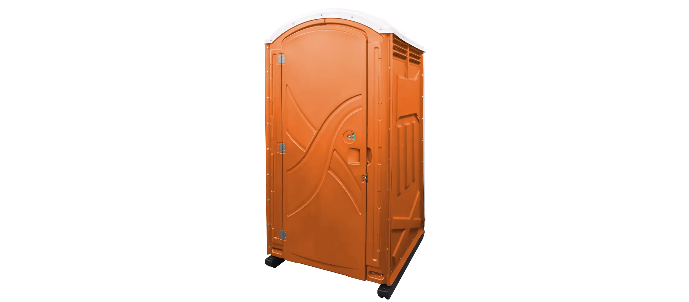 A portable orange restroom with a curved white roof and side ventilation.