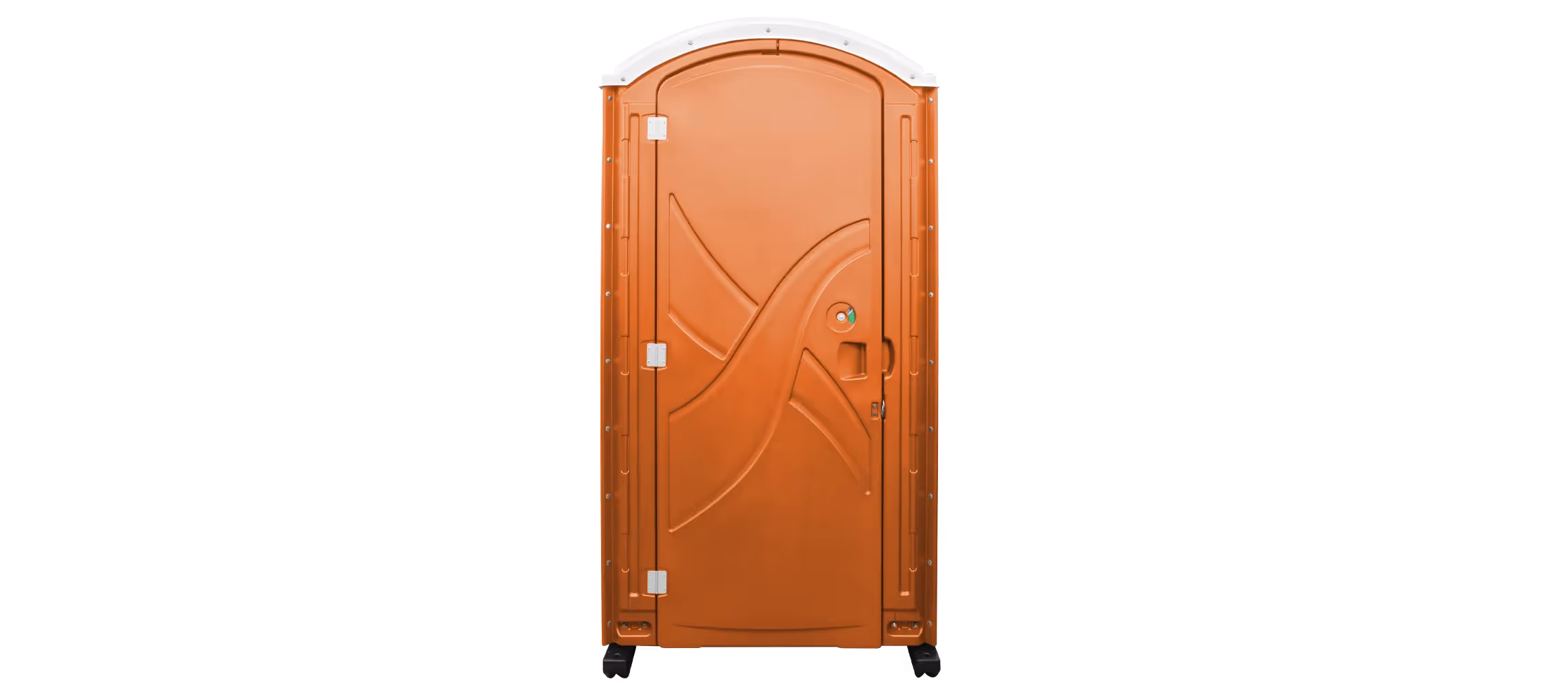 Orange portable restroom with a curved top and a lockable door, on wheels.